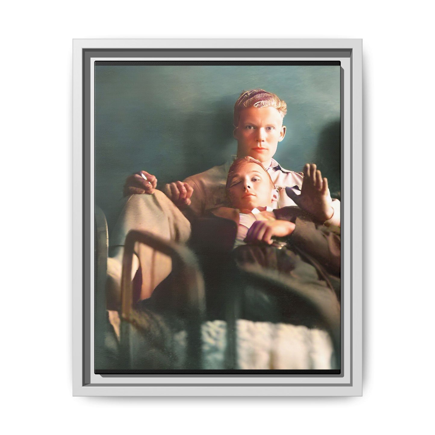 Vintage LGBTQ+ love portrait of Balfour & Strom in Mobile, Alabama. A restored historic photograph capturing timeless affection and connection, available as a museum-quality matte canvas print with handcrafted frame options. Gay Couple