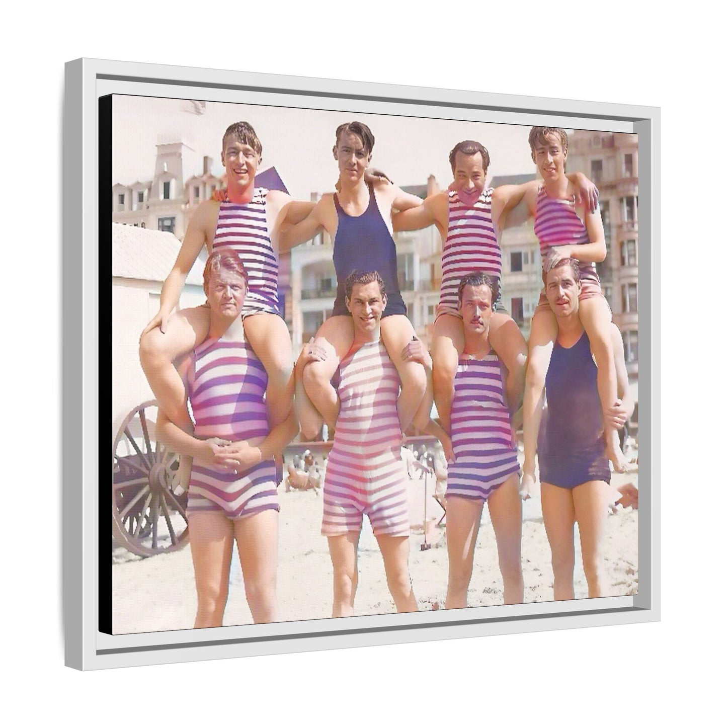 Restored vintage photo of a Bachelor Party in Corpus Christi TX, featuring men in striped swimwear forming human towers, framed canvas art.