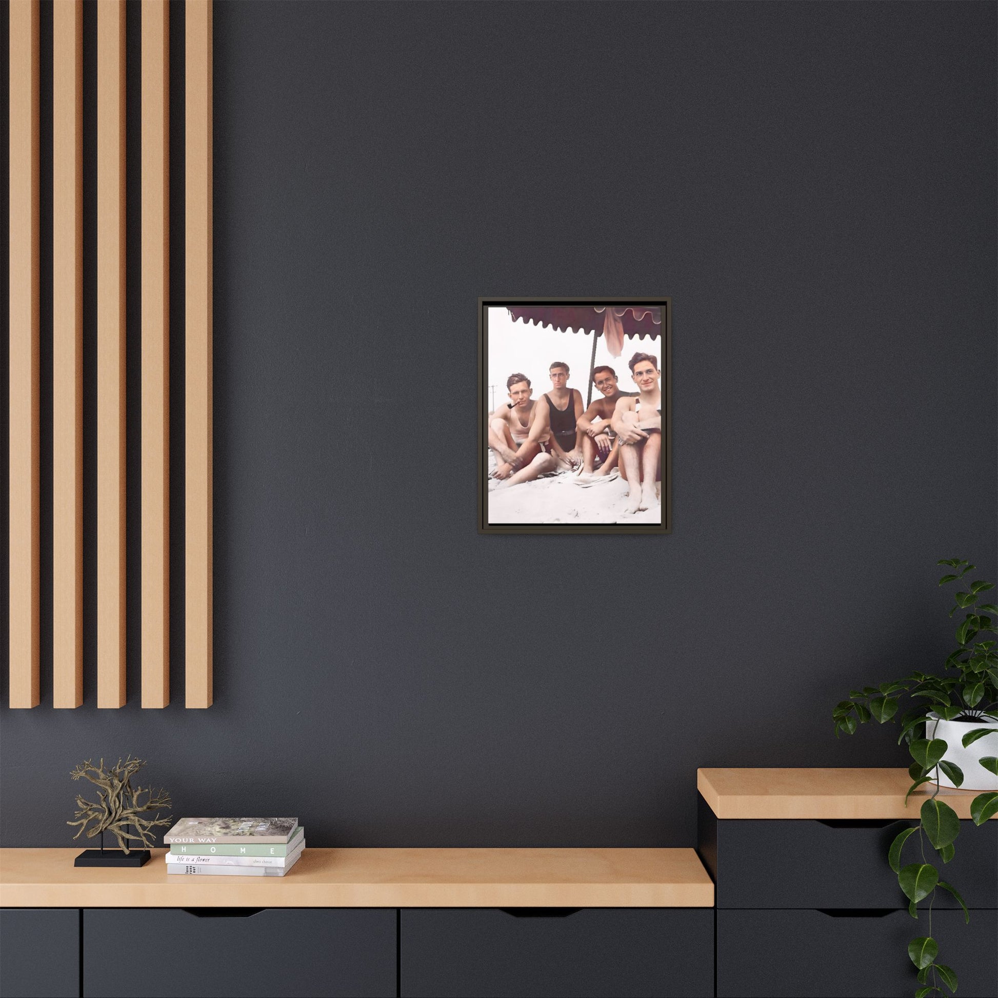 Restored vintage 1920s photograph of men enjoying a sunny beach day in Asbury Park, New Jersey, under a striped canopy. Framed matte canvas print celebrating LGBTQ+ history, joy, and camaraderie