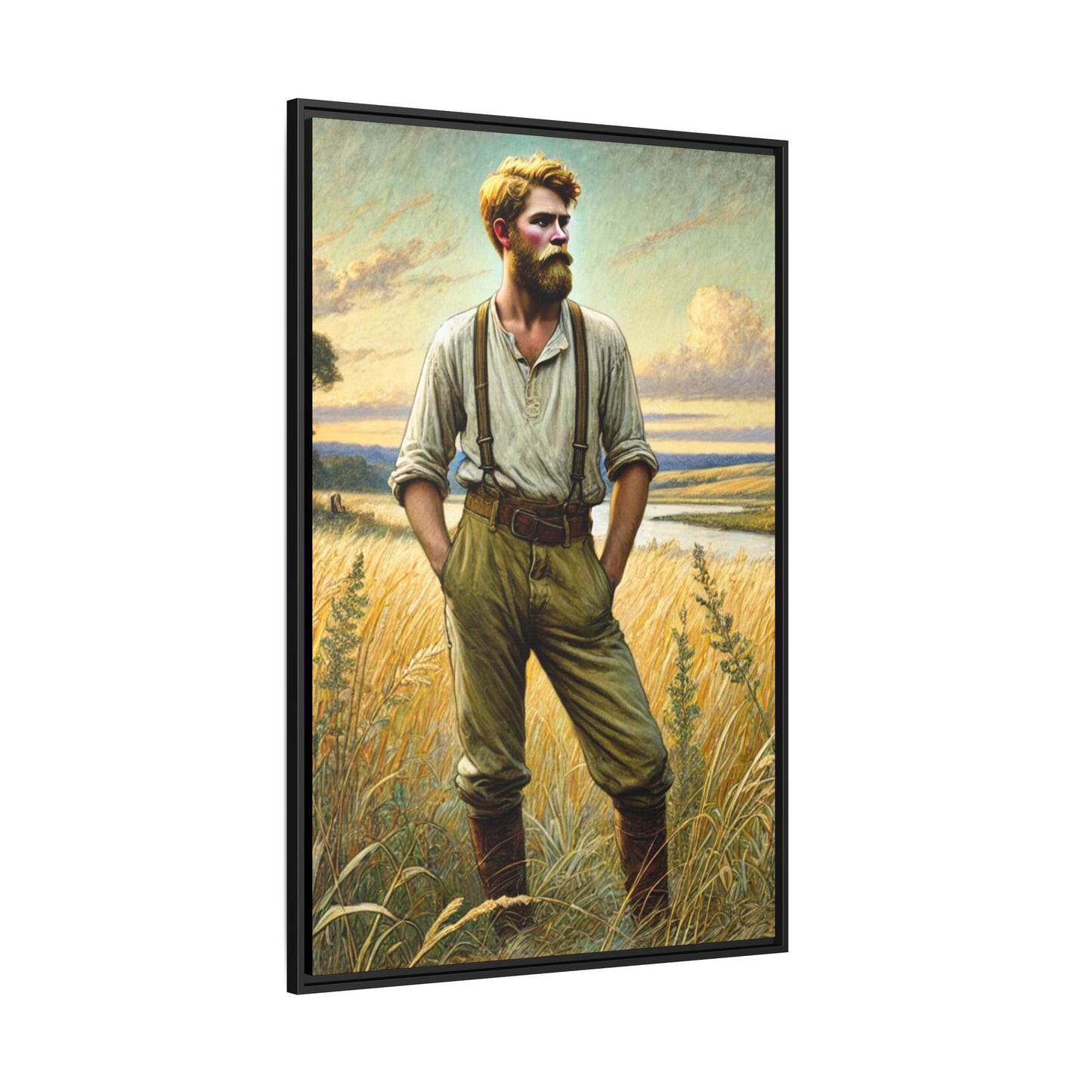 Framed artwork of a confident farmer in 19th-century attire, standing in a golden wheat field, inspired by Walt Whitman’s Song of Myself in Leaves of Grass.