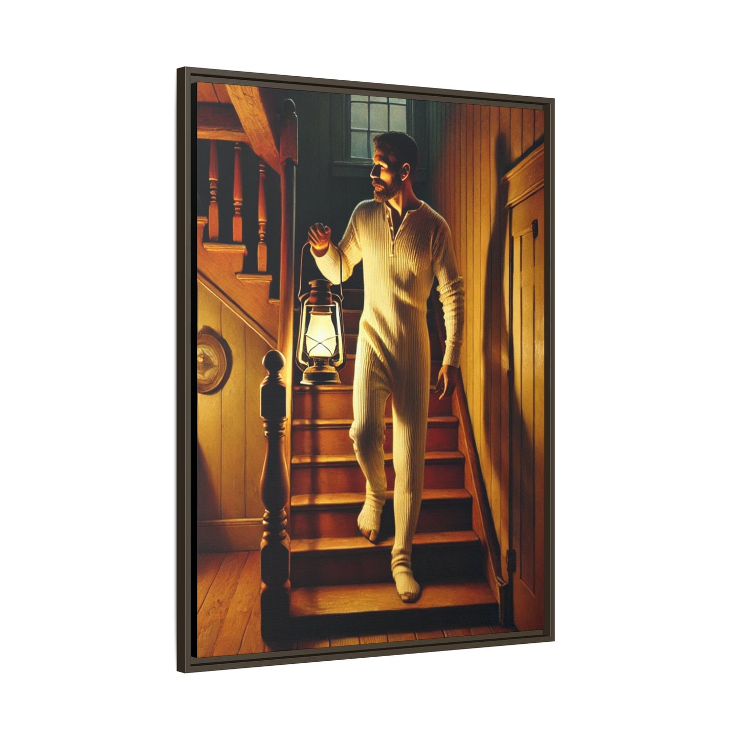 Atmospheric artwork of a man descending wooden stairs in long underwear with a lantern, inspired by Grant Wood’s rural themes.