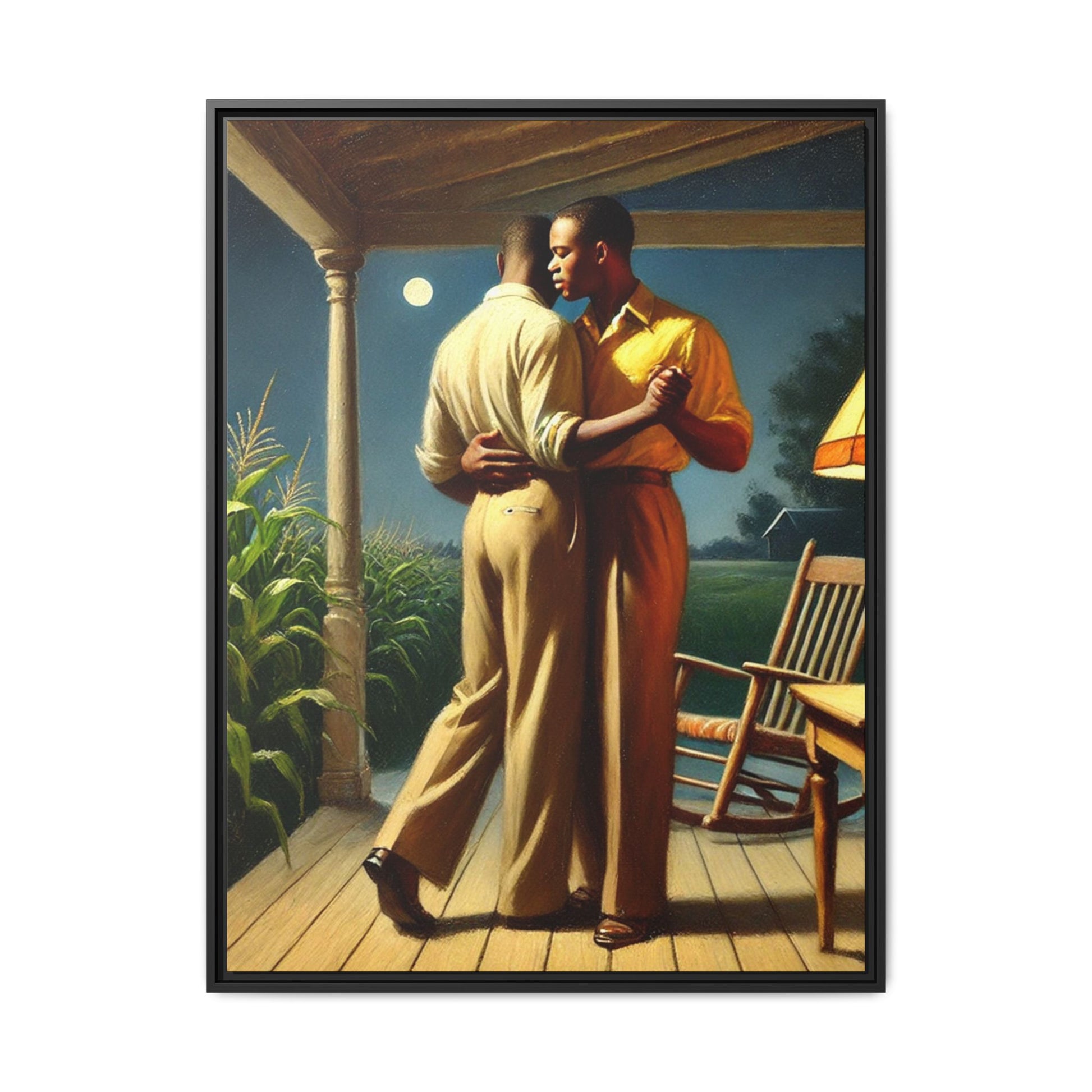 Artwork of an African-American gay couple dancing on a porch under the moonlight, inspired by Grant Wood’s style.