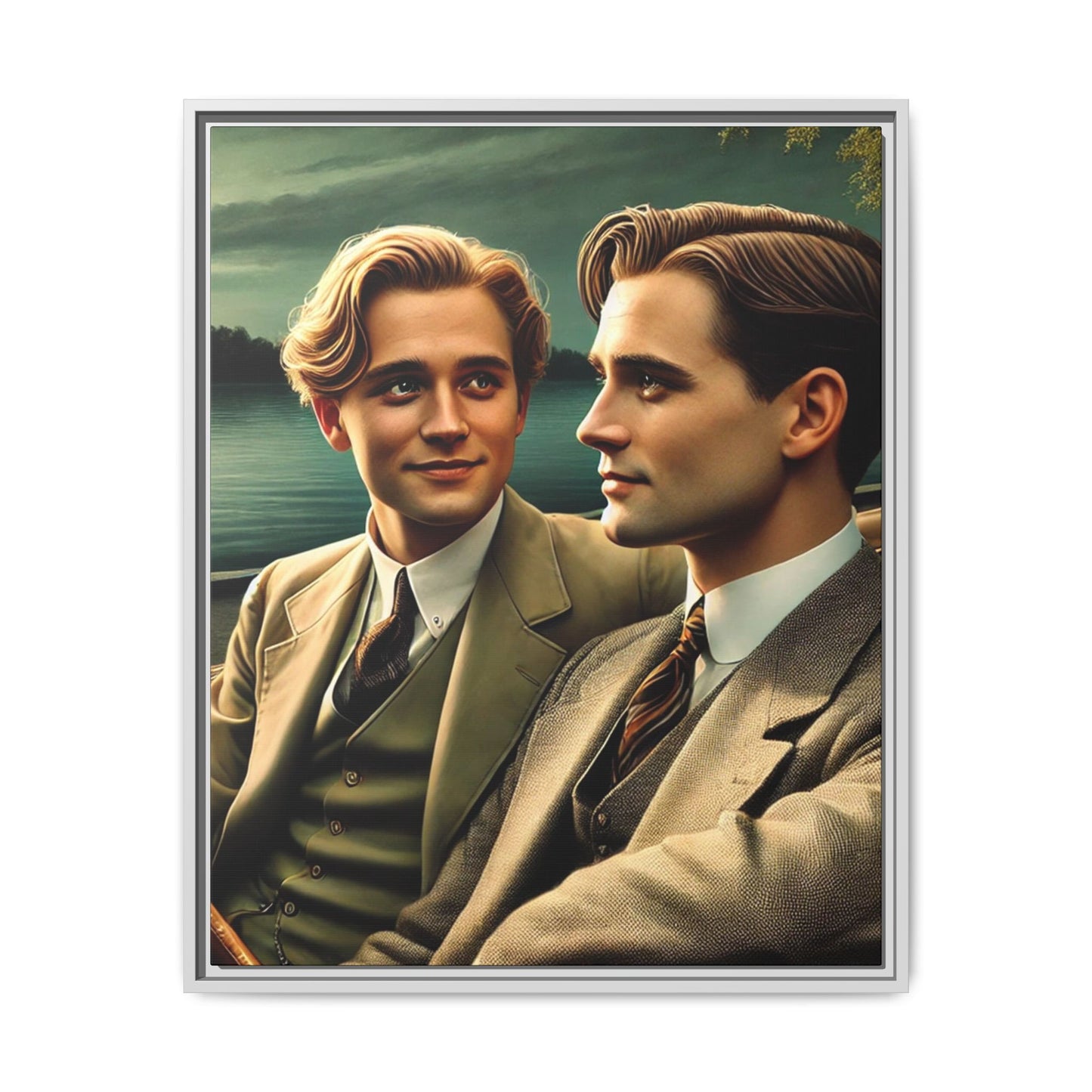 Vintage-style artwork of a gay couple from the 1930s in a Packard car by the Mississippi River, celebrating love and inclusivity.