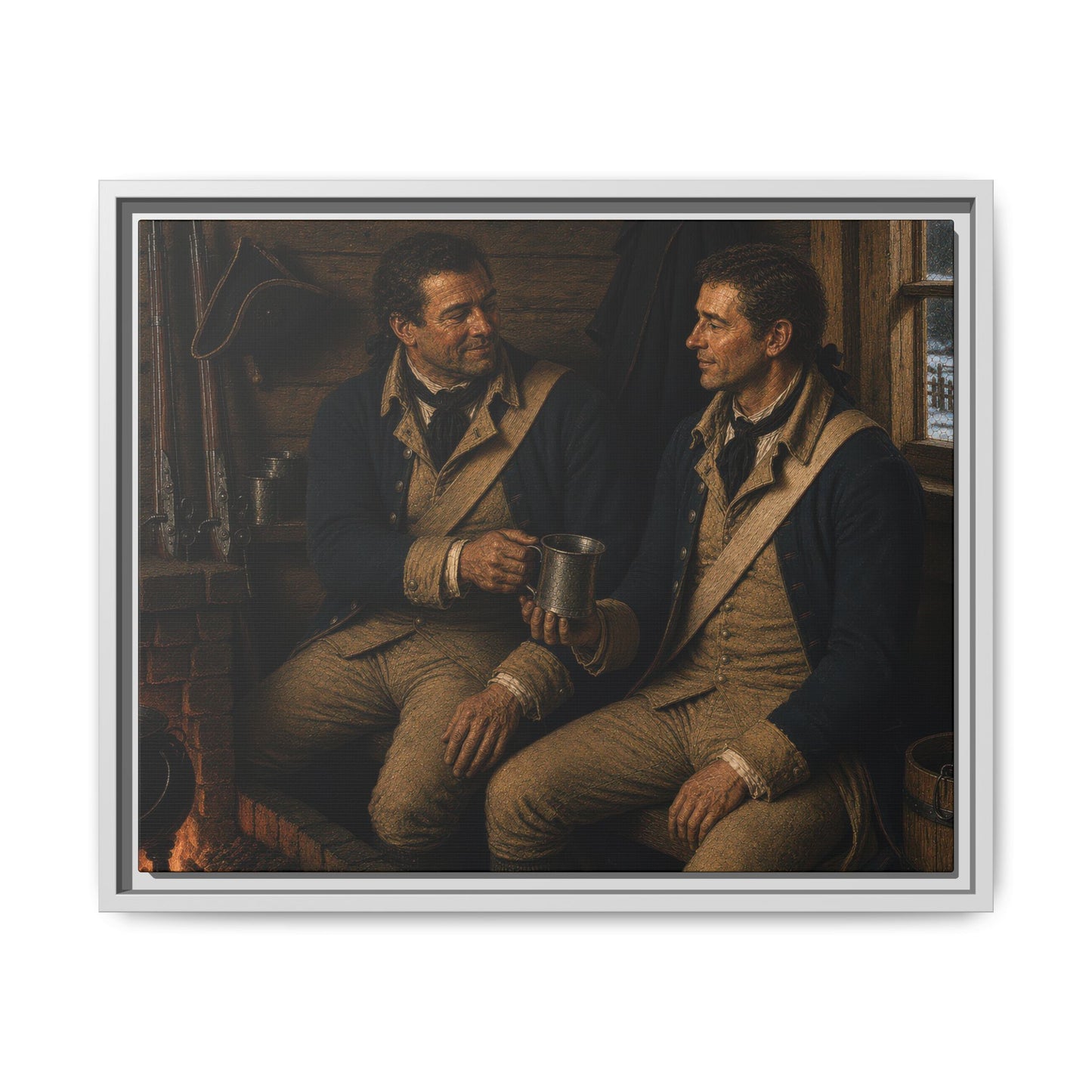 Museum-style portrait of two enlisted Continental soldiers seated beside a guardhouse hearth with Charleville muskets during the American Revolution.