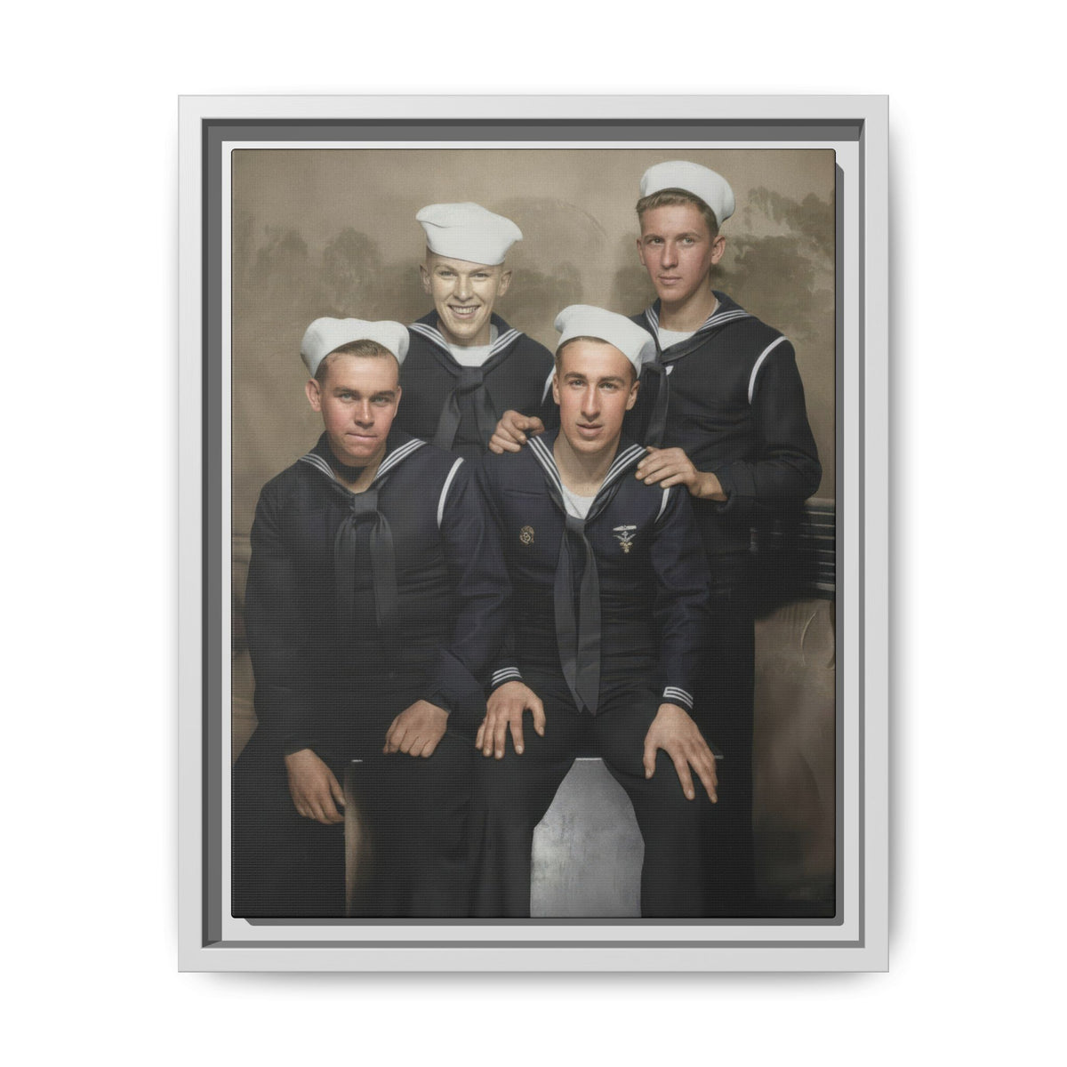Vertical group portrait with striped collars, long neckerchiefs, and white caps, presented as hommes 011 framed matte canvas.