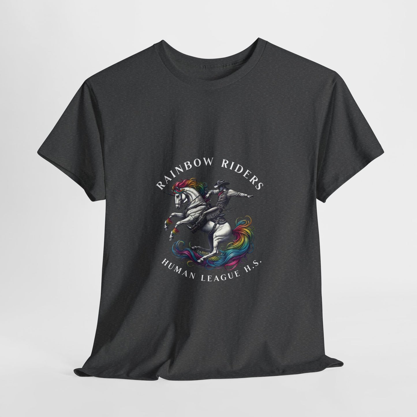 Human League High School Rainbow Riders Pride T-Shirt featuring a vibrant mascot of a unicorn with a rainbow mane and tail, symbolizing diversity, inclusion, and equality LGBTQ Gay