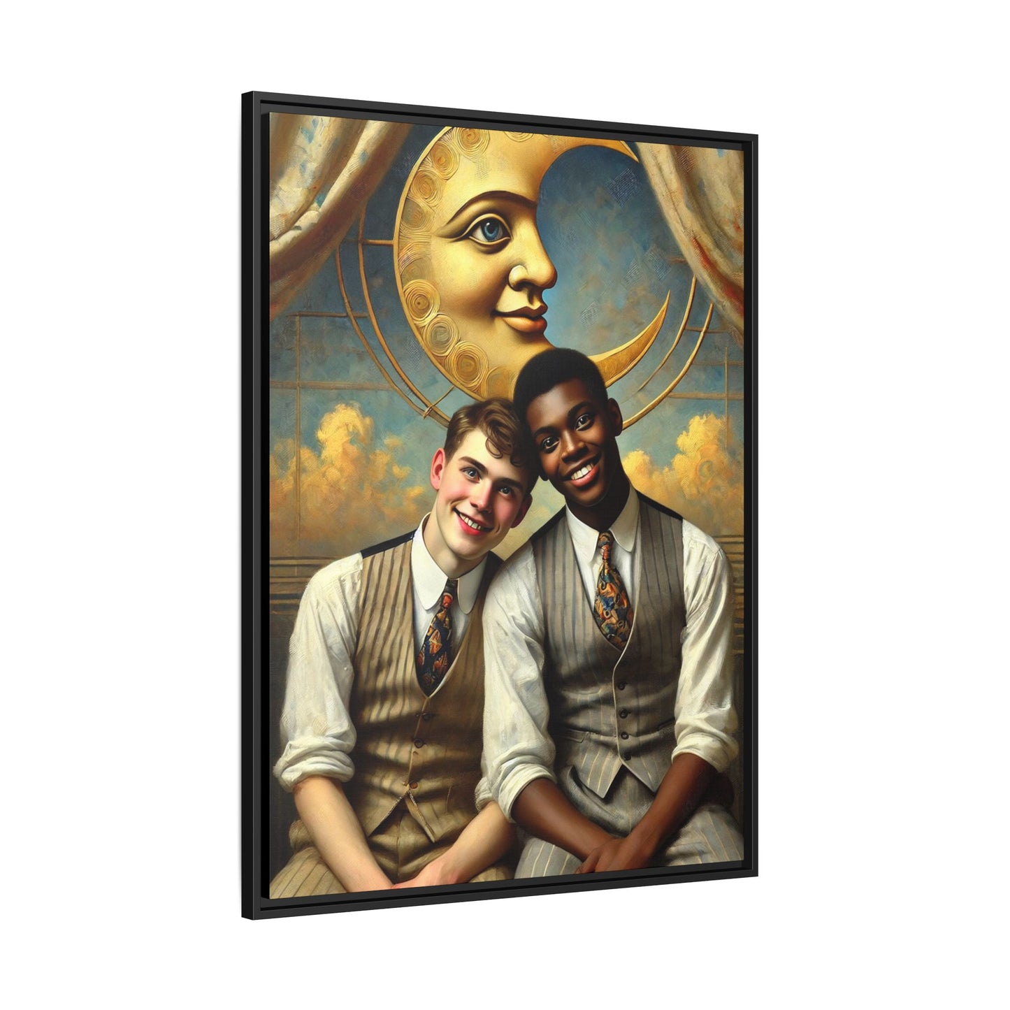 A vintage-style artwork showing a young interracial gay couple in 1920s attire sitting beneath a golden crescent moon with a serene expression. Their joyful closeness reclaims erased queer history and reflects the beauty of interracial love through a lens of tenderness and celebration.