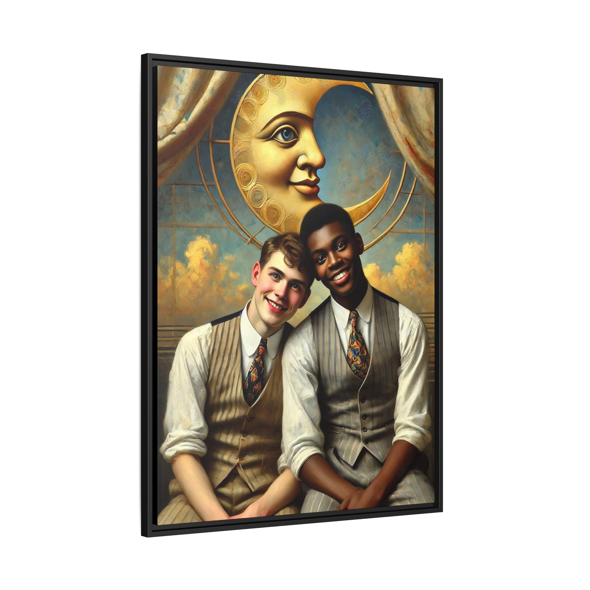 A vintage-style artwork showing a young interracial gay couple in 1920s attire sitting beneath a golden crescent moon with a serene expression. Their joyful closeness reclaims erased queer history and reflects the beauty of interracial love through a lens of tenderness and celebration.