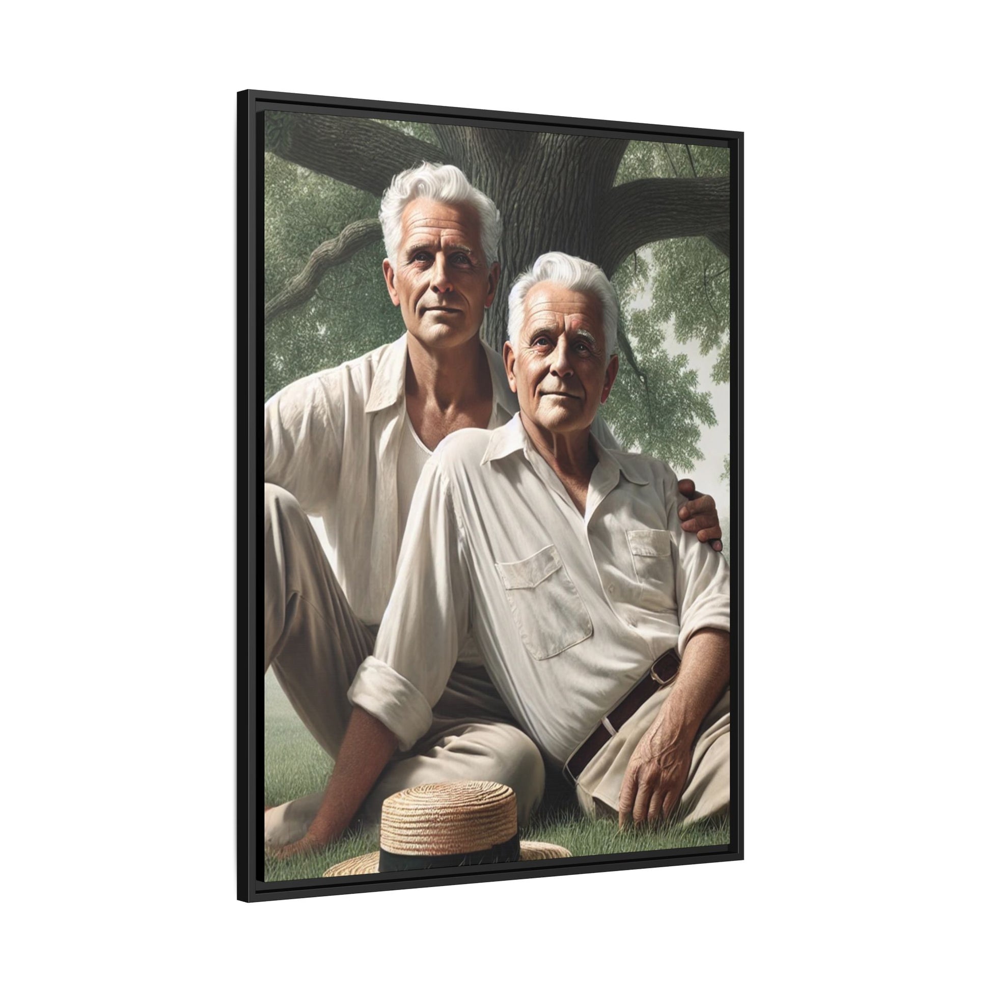 Hyper-realistic painting of an elderly gay couple in 1930s vintage attire under a leafy tree, celebrating love and resilience.