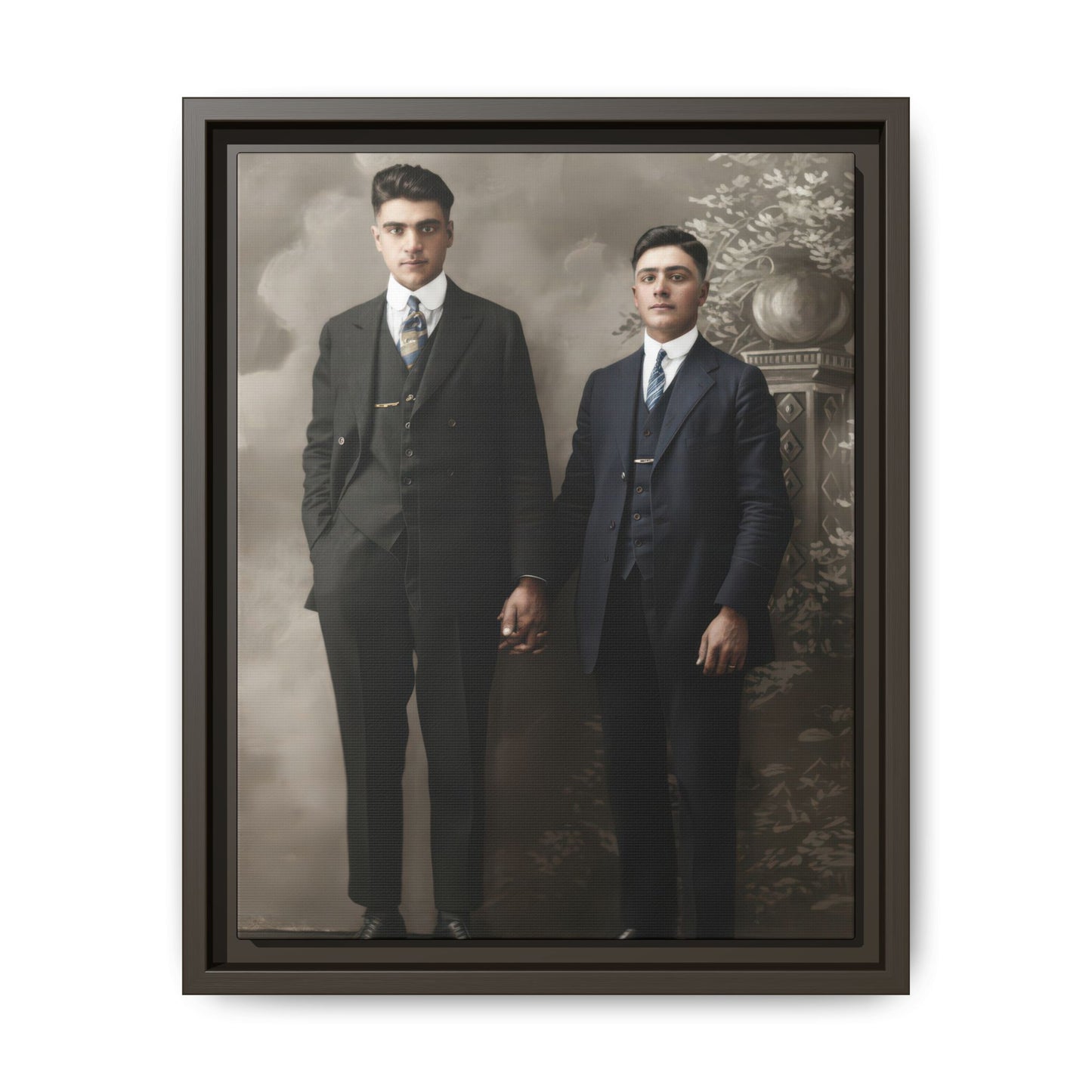 Historical studio portrait showing two formally dressed figures standing together with joined hands