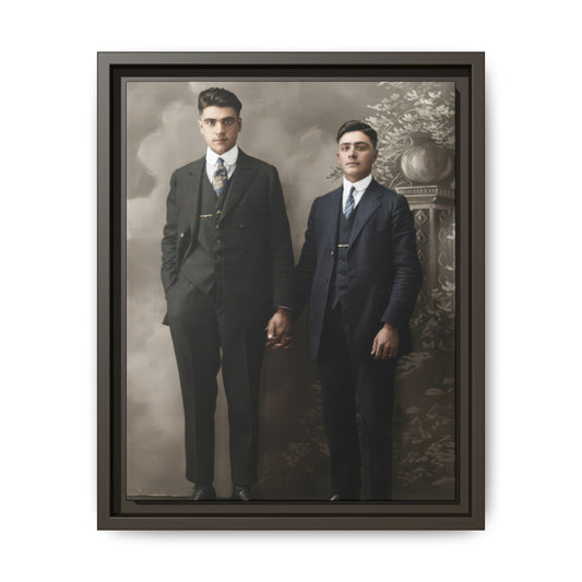 Historical studio portrait showing two formally dressed figures standing together with joined hands