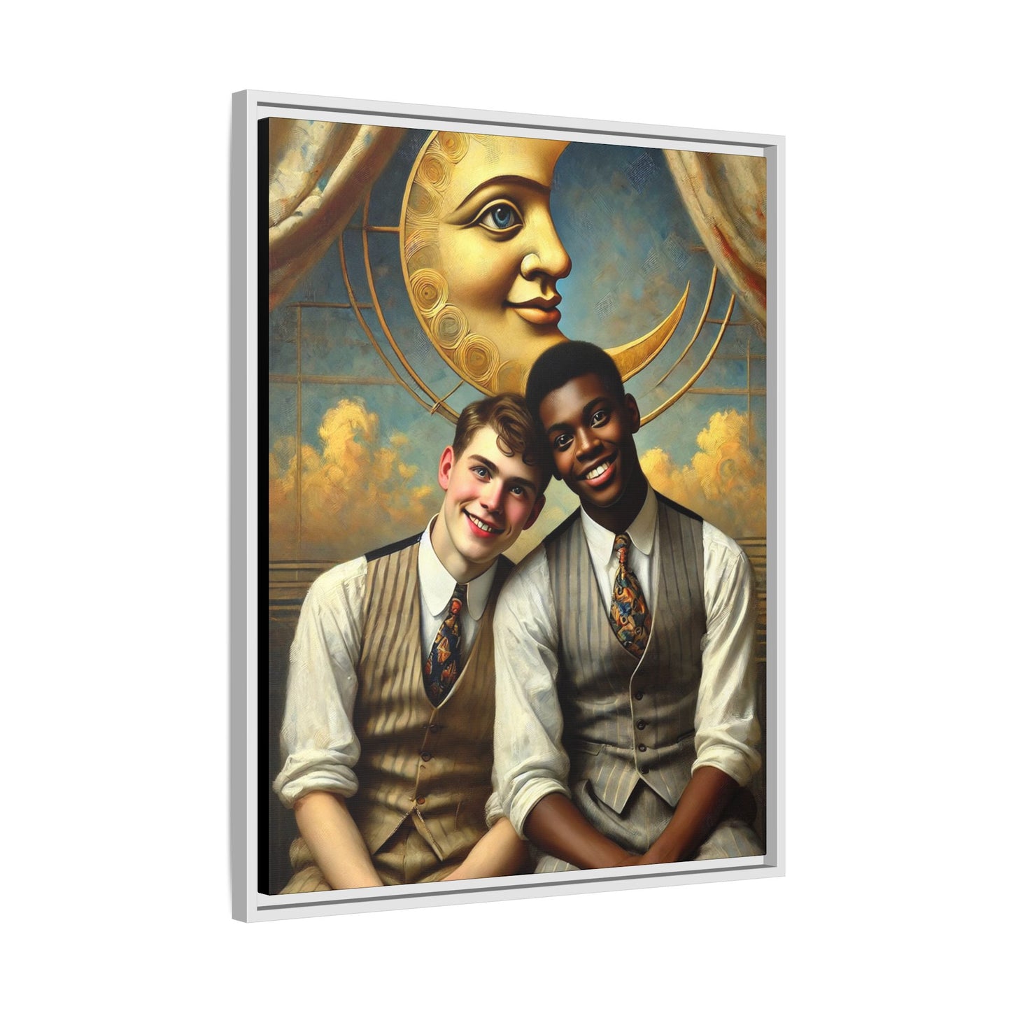A vintage-style artwork showing a young interracial gay couple in 1920s attire sitting beneath a golden crescent moon with a serene expression. Their joyful closeness reclaims erased queer history and reflects the beauty of interracial love through a lens of tenderness and celebration.