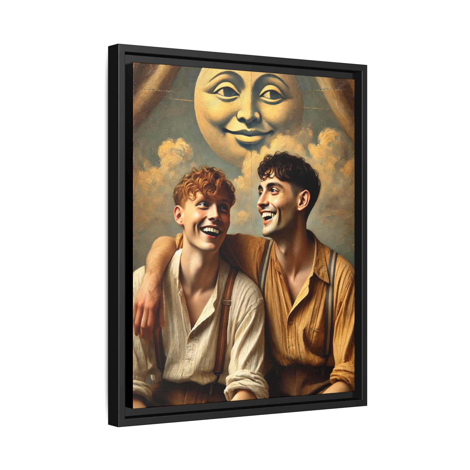 Queer artwork of two joyful young men dressed in vintage clothing with rolled sleeves and suspenders, laughing under a large moon prop in a dreamy studio scene. A celebration of love and resilience reclaimed from forgotten queer histories.