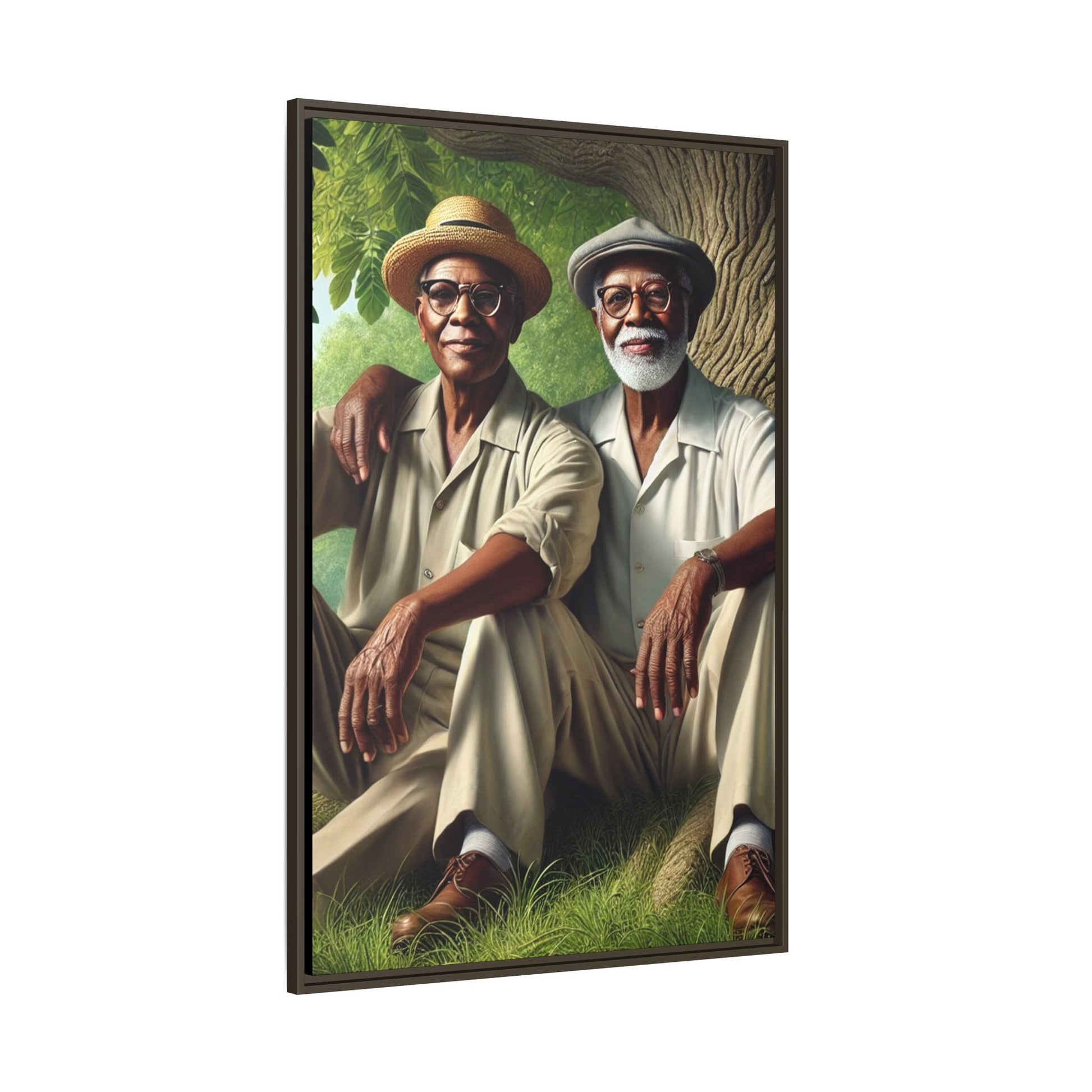 Framed artwork of a gay African-American couple in Cedar Rapids, Iowa, 1930s, celebrating love and resilience.