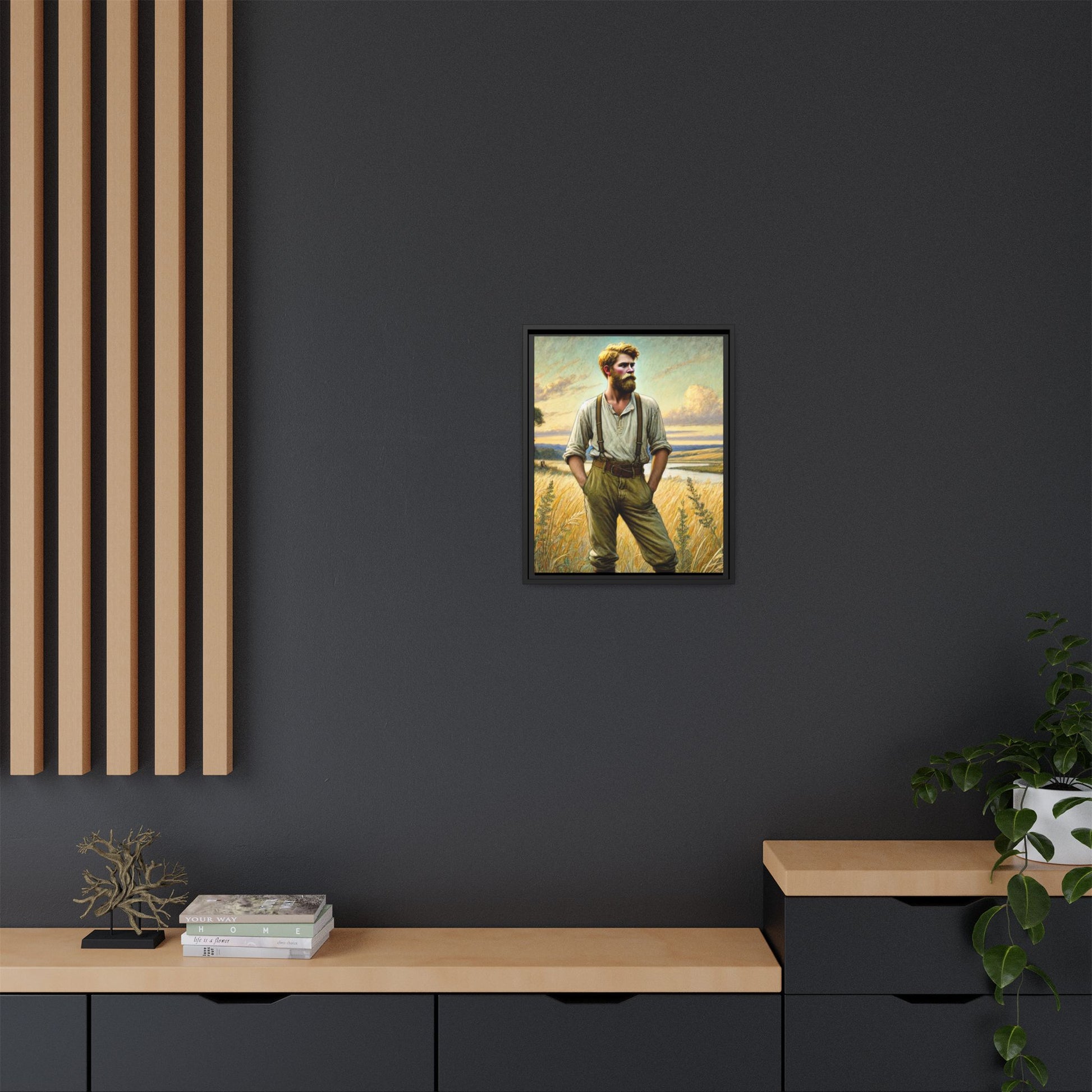 Framed artwork of a confident farmer in 19th-century attire, standing in a golden wheat field, inspired by Walt Whitman’s Song of Myself in Leaves of Grass.