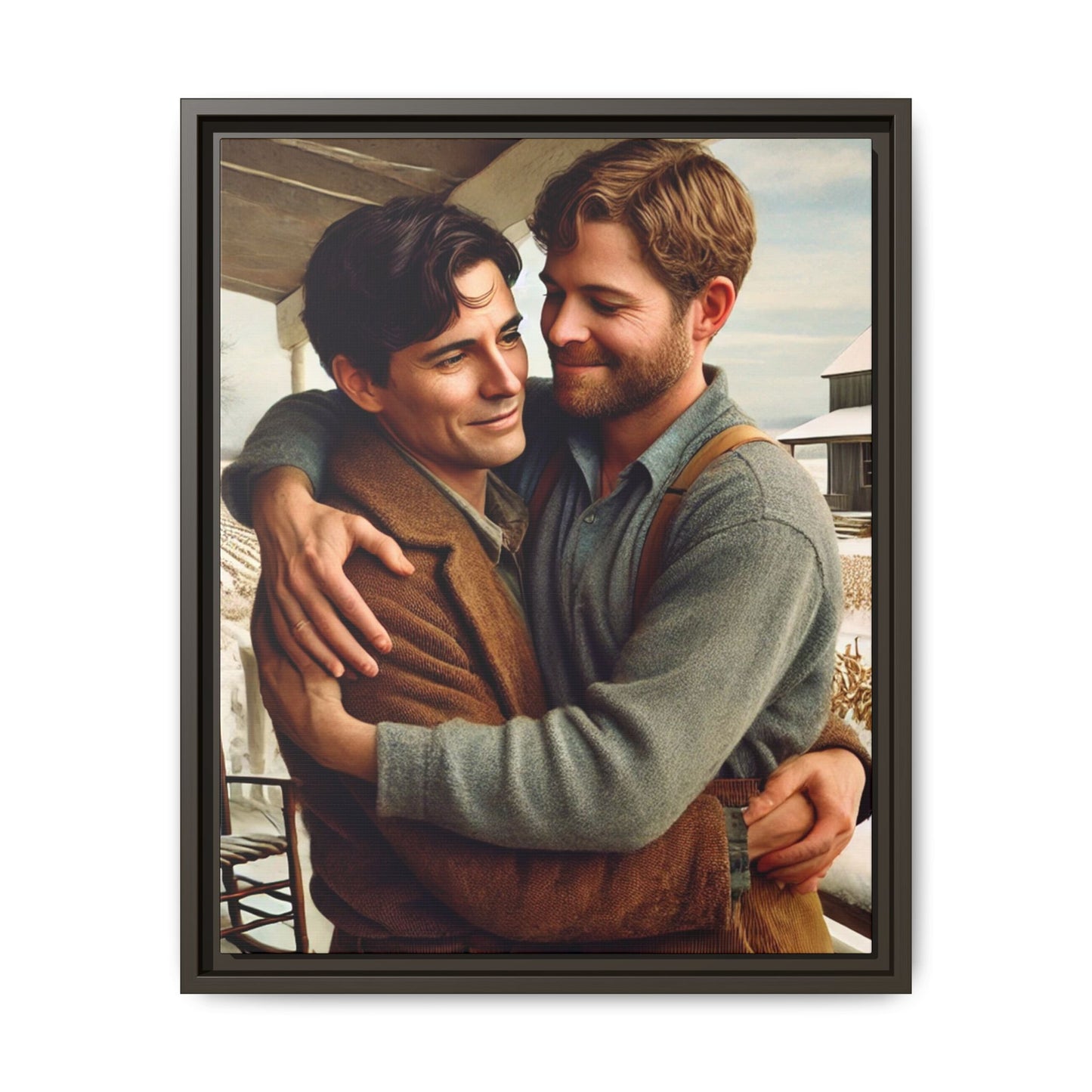 Artwork of a tender moment between two men embracing on a rustic farm porch in 1930s-style clothing. Set against a snowy, vintage rural backdrop, this image captures LGBTQ+ love and connection with a nostalgic Americana feel