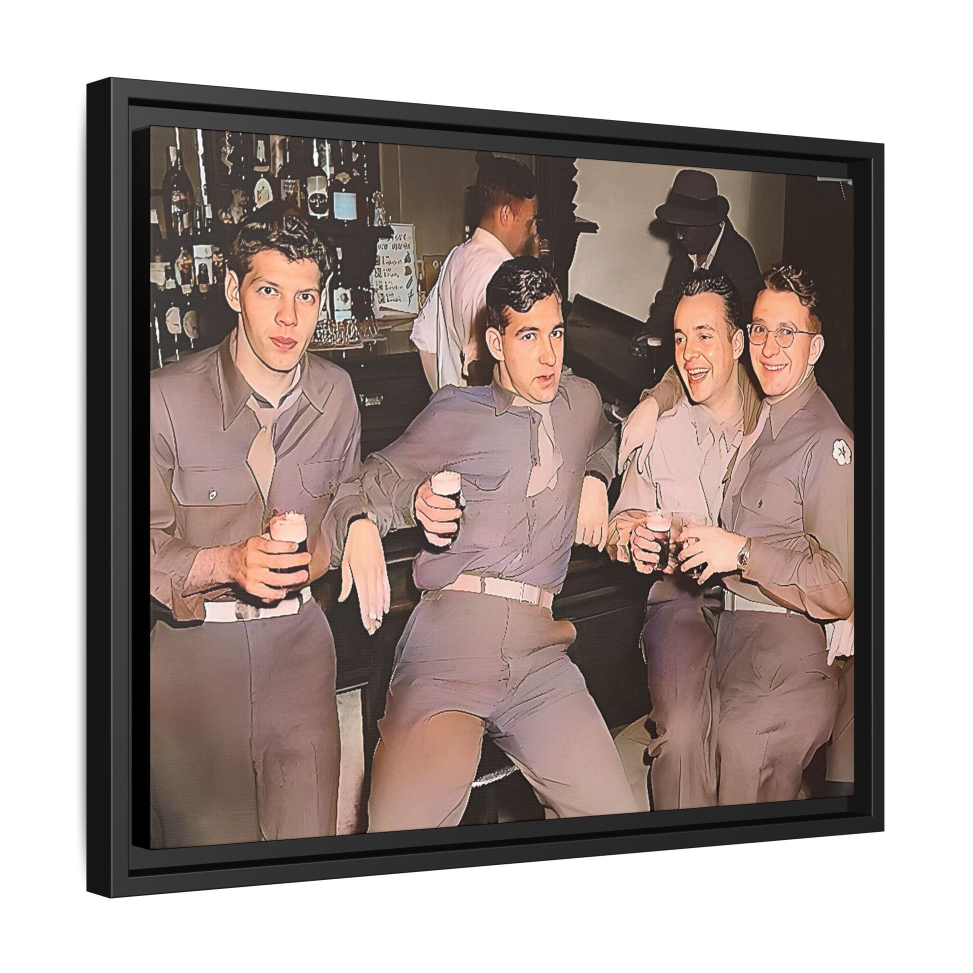 Restored vintage photograph of soldiers in uniform gathered at Jackson's gay bar in mid-20th century San Francisco. Framed matte canvas print celebrating camaraderie, resilience, and LGBTQ+ history.