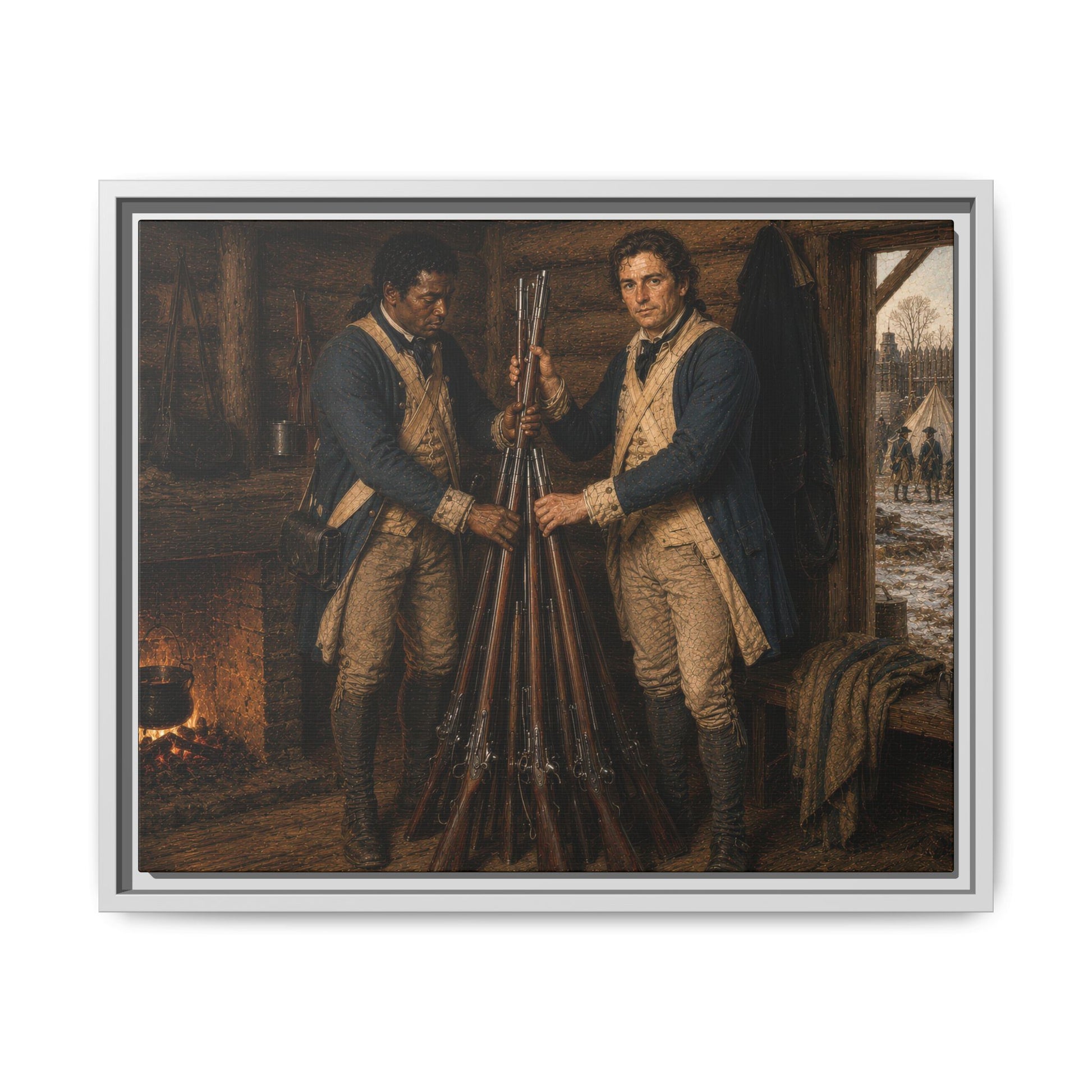 Museum-inspired historical portrait of two Continental soldiers organizing Charleville muskets beside a hearth in a log barracks.