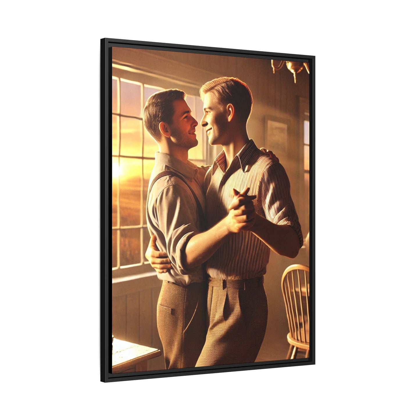 Art of a gay couple dancing in a sunlit dining room, inspired by Grant Wood’s Americana style and celebrating love.