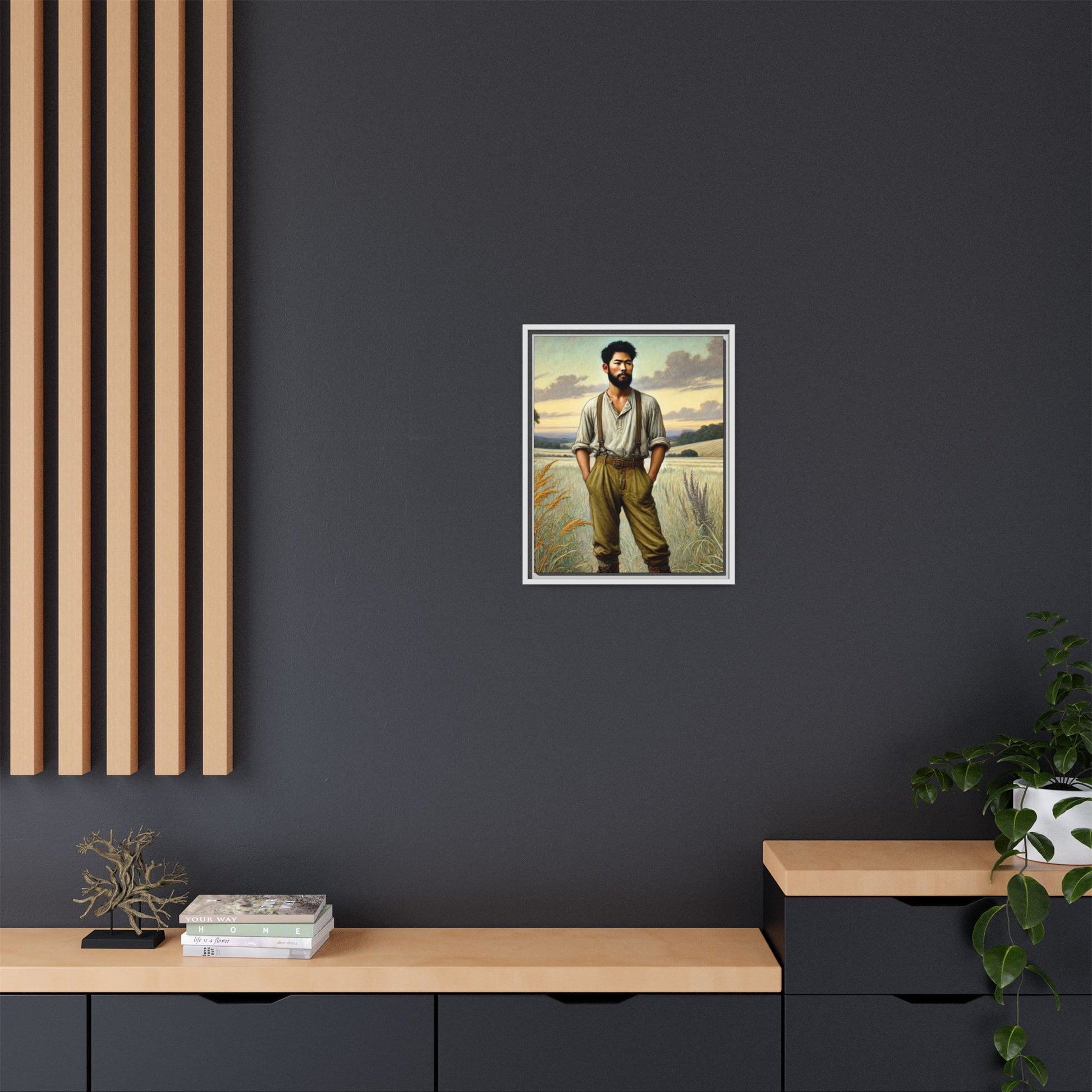 Framed artwork of an Asian-American farmer in 19th-century attire, inspired by Walt Whitman’s Leaves of Grass and Song of Myself, set against a serene rural backdrop of golden wheat fields and rolling hills.