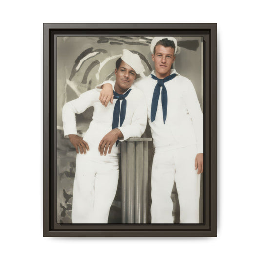 Early 20th century sailor portrait showing two uniformed men beside a studio pedestal