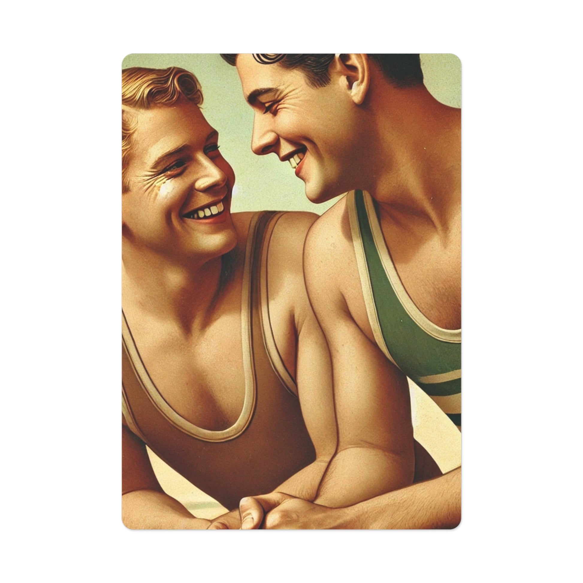 Two young men in vintage athletic swimwear, smiling warmly at each other, featured in a custom Grant Wood-inspired artwork for poker cards.