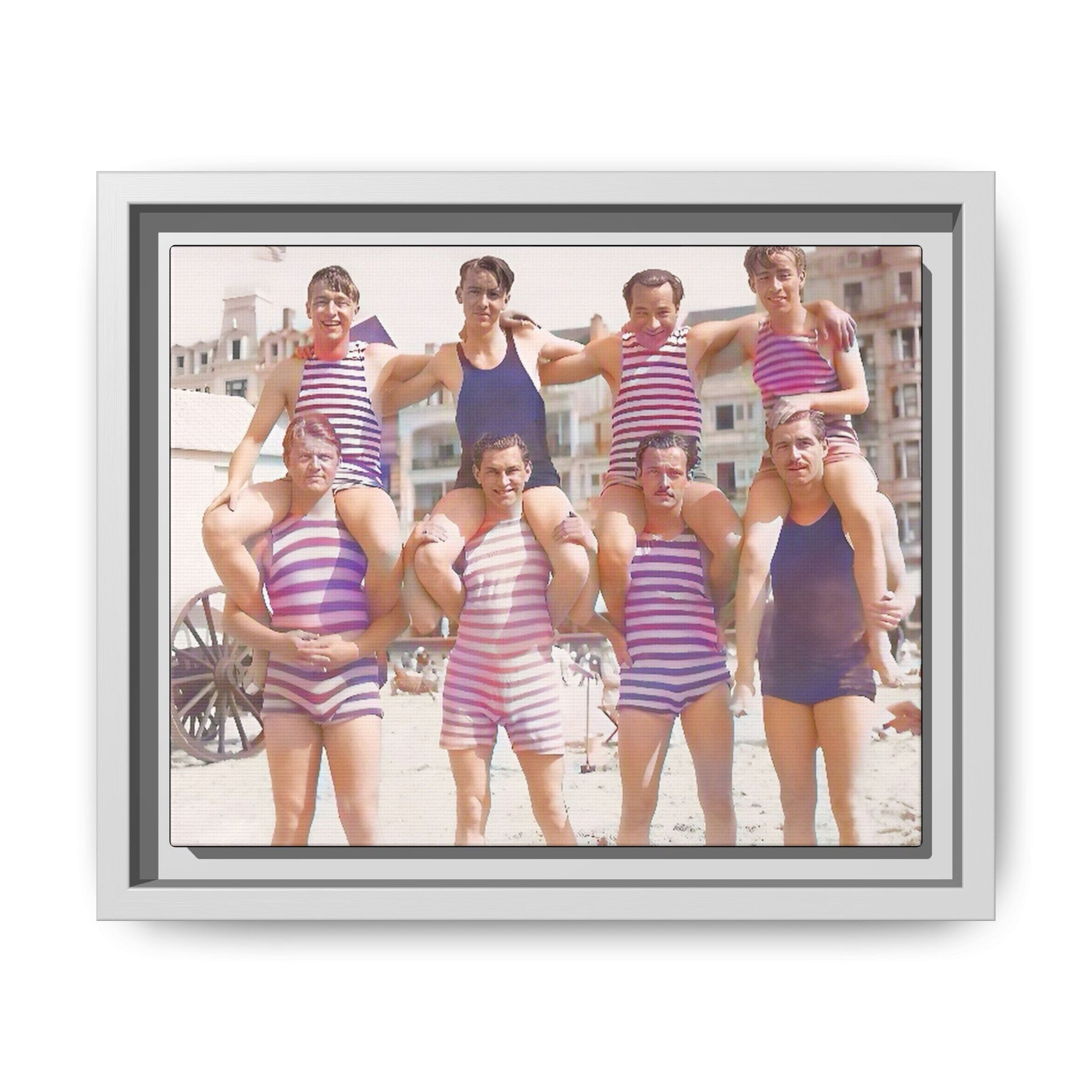 Restored vintage photo of a Bachelor Party in Corpus Christi TX, featuring men in striped swimwear forming human towers, framed canvas art.