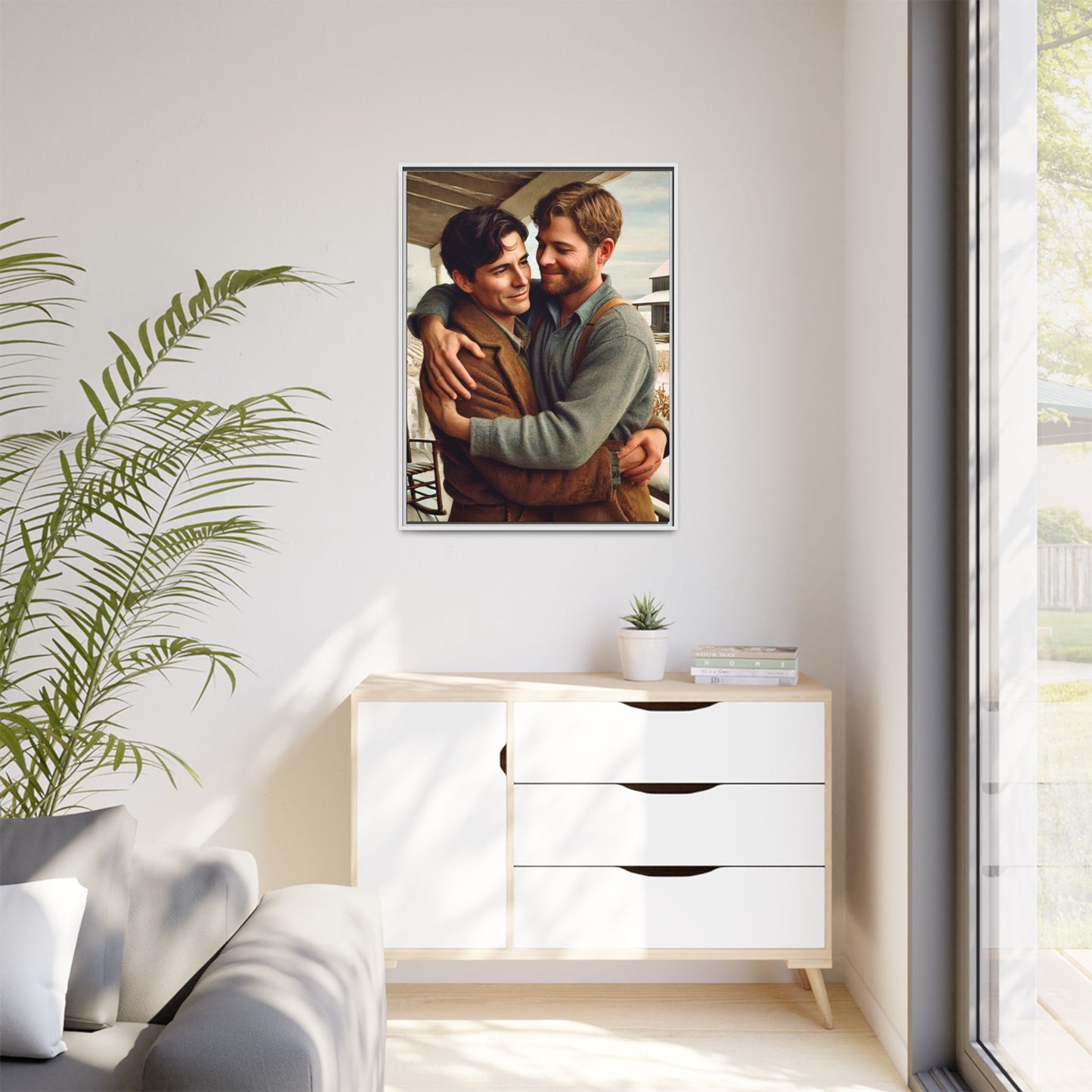 Artwork of a tender moment between two men embracing on a rustic farm porch in 1930s-style clothing. Set against a snowy, vintage rural backdrop, this image captures LGBTQ+ love and connection with a nostalgic Americana feel