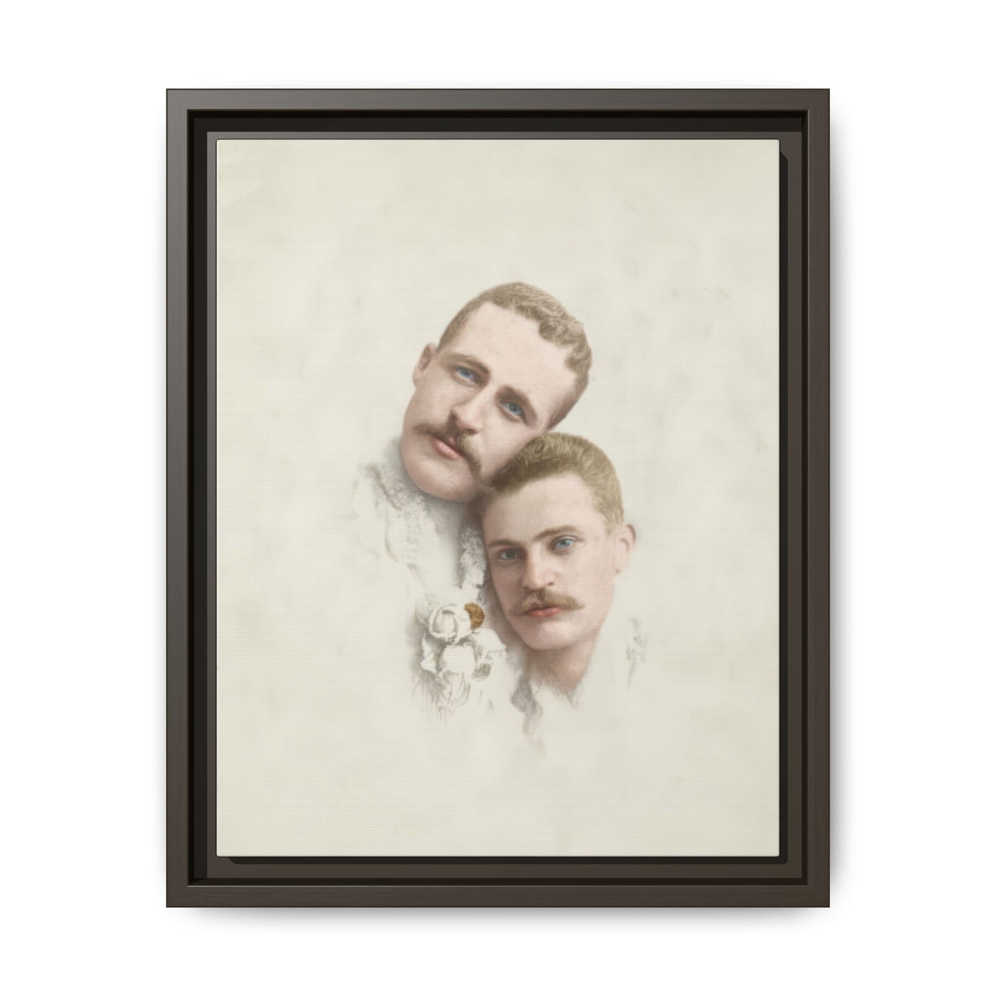 Historical paired portrait with two men’s faces arranged closely against a pale background