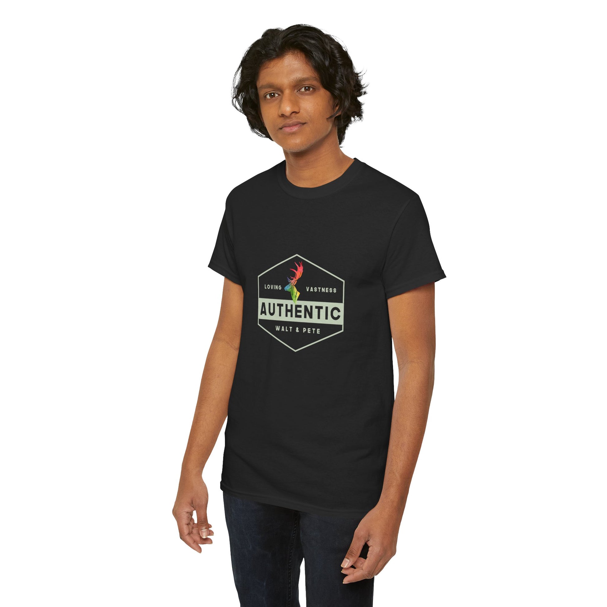unisex LGBTQ+ t-shirt with a hexagonal badge design reading “Authentic” and “Loving & Vastness,” featuring a rainbow antler—symbolizing self-love, queer pride, and emotional depth.