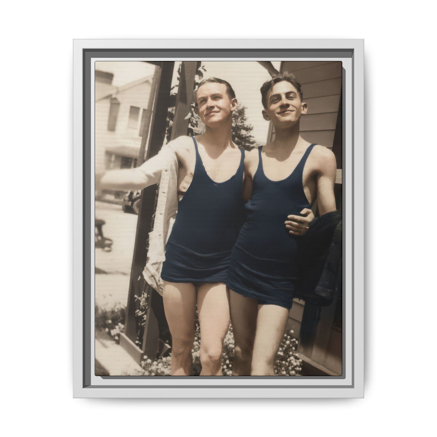 Vintage swimwear photograph reproduced as framed matte canvas wall art 