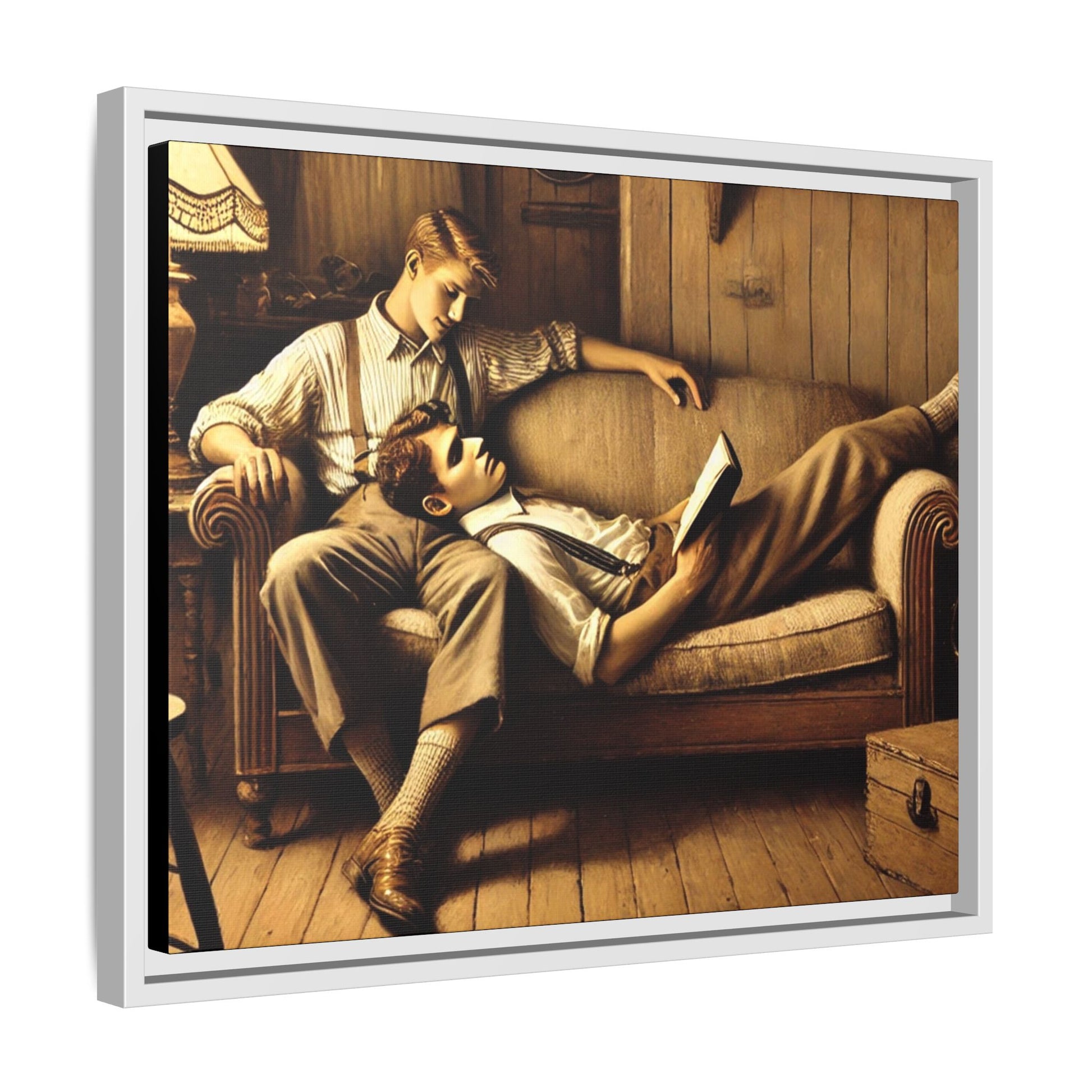 Art of a gay couple sharing an intimate moment on a cozy sofa in a rustic living room, inspired by Grant Wood’s style