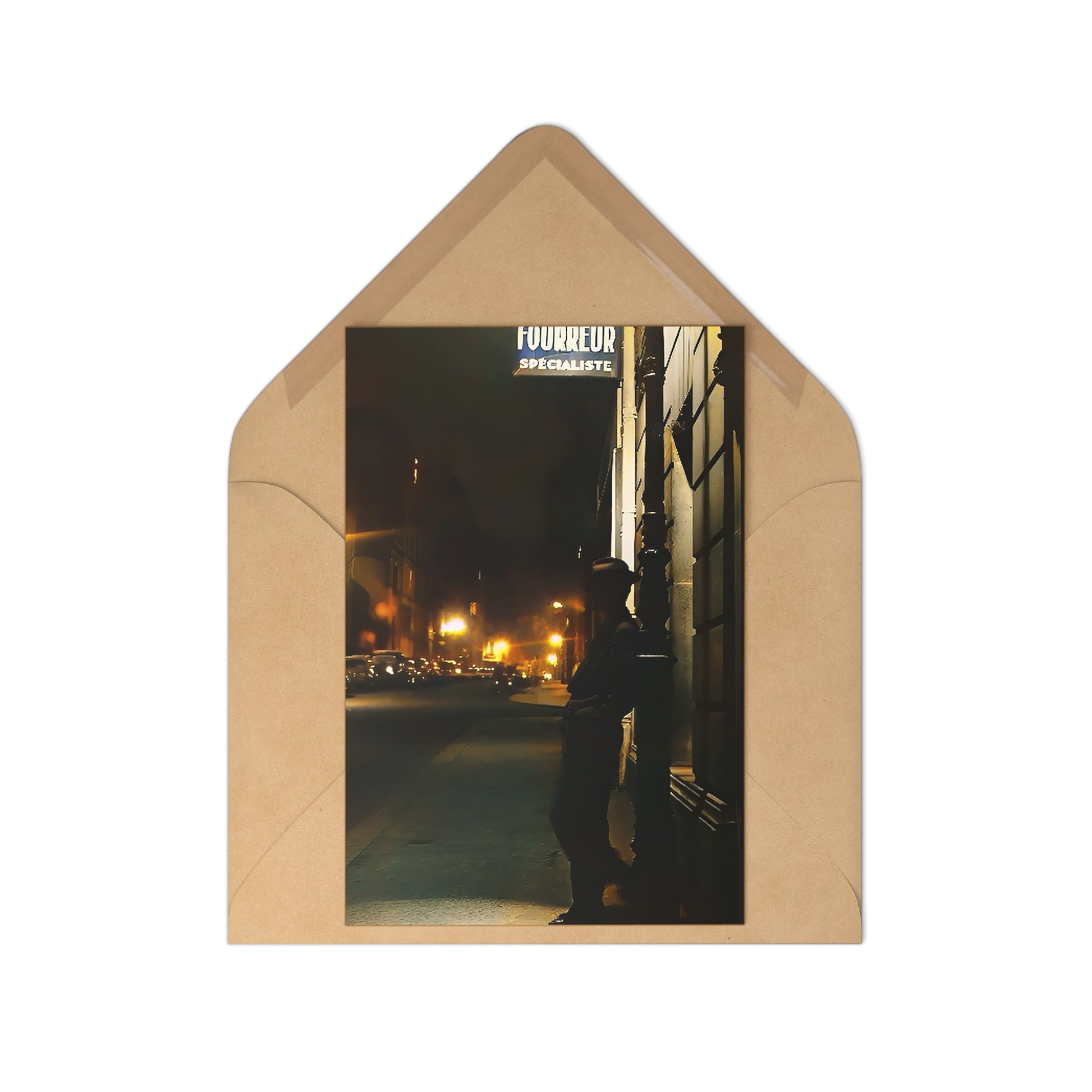 Evocative 7-piece postcard set featuring a vintage photo of a lone man on a quiet, dimly lit urban street.