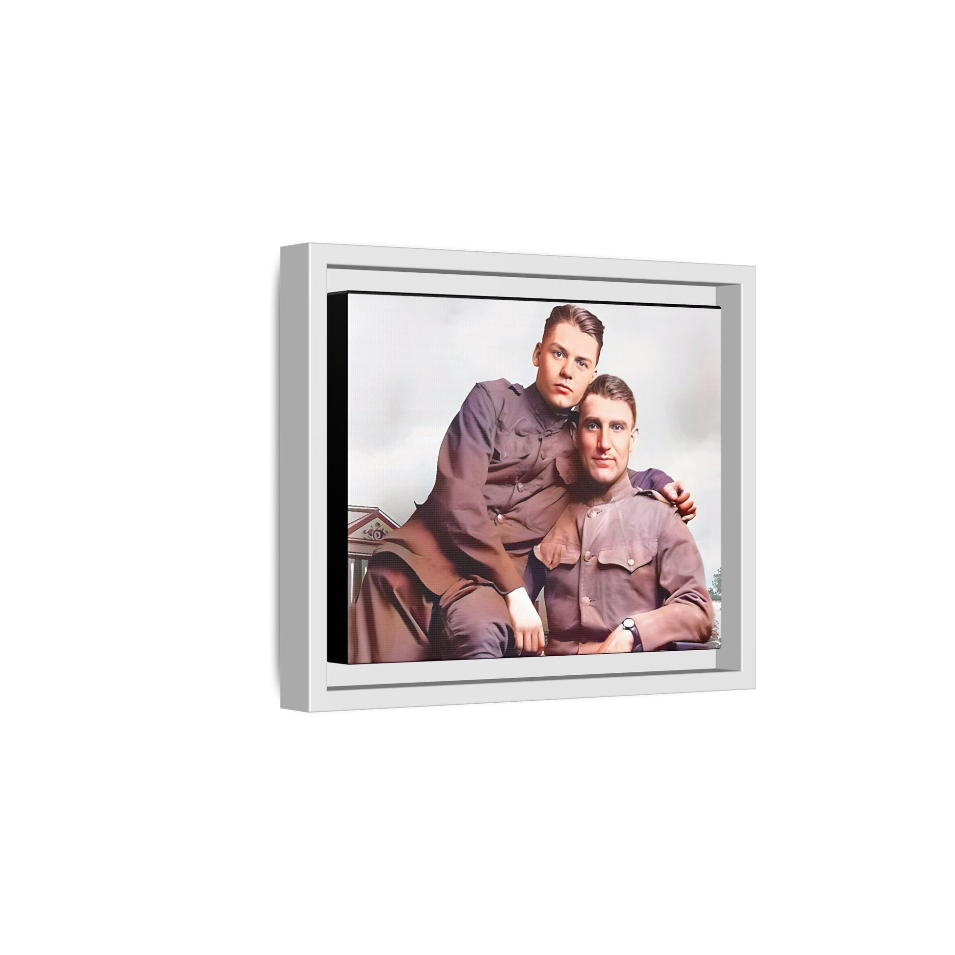 A restored WWII-era portrait of Charlie & Gordon at Debach Airfield, UK. This framed matte canvas captures military camaraderie, resilience, and historical connection, making it a timeless tribute for vintage and aviation collectors. Gay Couple