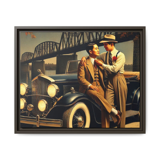 Exquisite vintage-style artwork of a gay Asian-American couple from the 1930s with a 1930 Packard car, celebrating love and inclusivity along the Mississippi River.