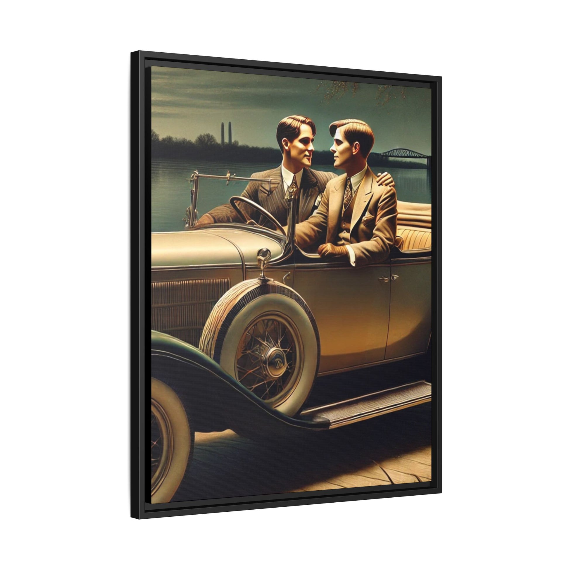 Vintage-style artwork of a gay couple in a 1930 Packard car by the Mississippi River under moonlight, celebrating love and history.