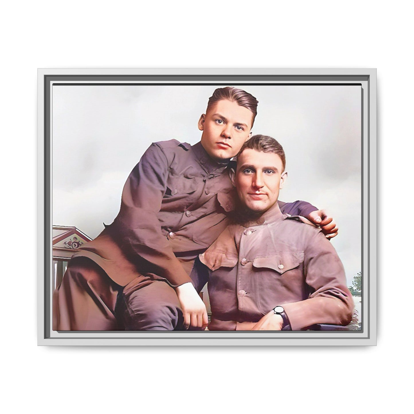 A restored WWII-era portrait of Charlie & Gordon at Debach Airfield, UK. This framed matte canvas captures military camaraderie, resilience, and historical connection, making it a timeless tribute for vintage and aviation collectors. Gay Couple