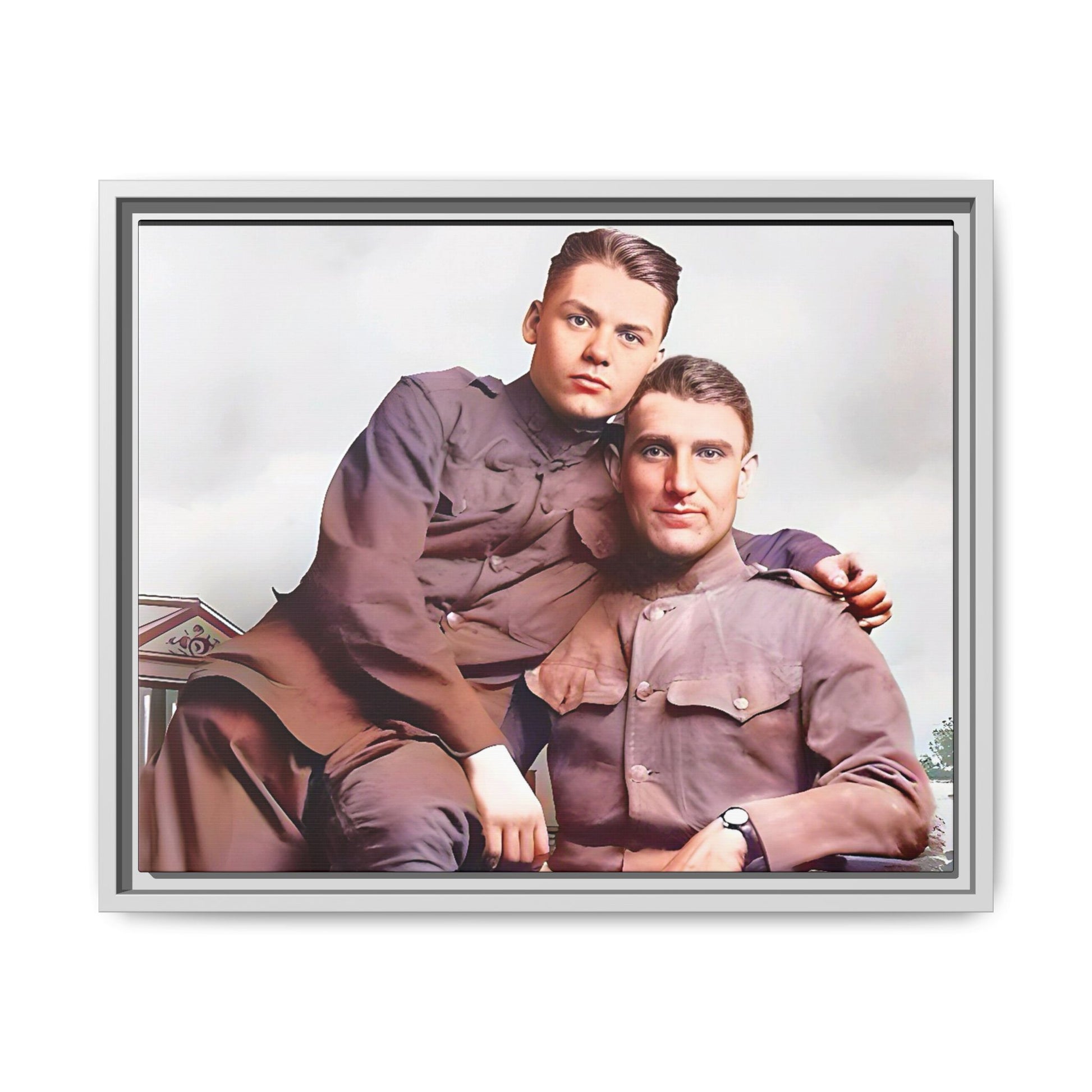 A restored WWII-era portrait of Charlie & Gordon at Debach Airfield, UK. This framed matte canvas captures military camaraderie, resilience, and historical connection, making it a timeless tribute for vintage and aviation collectors. Gay Couple