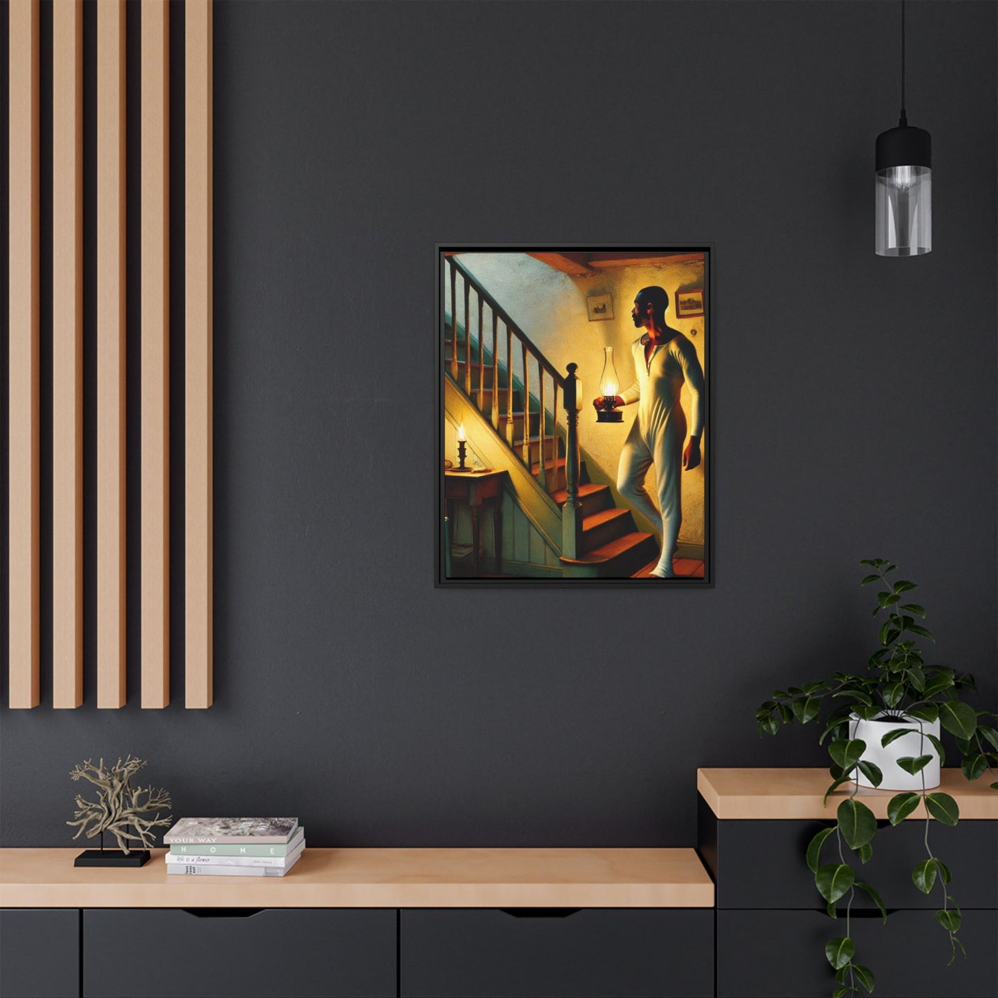 Framed artwork of an African-American man holding a lantern on a staircase, inspired by Grant Wood's style.