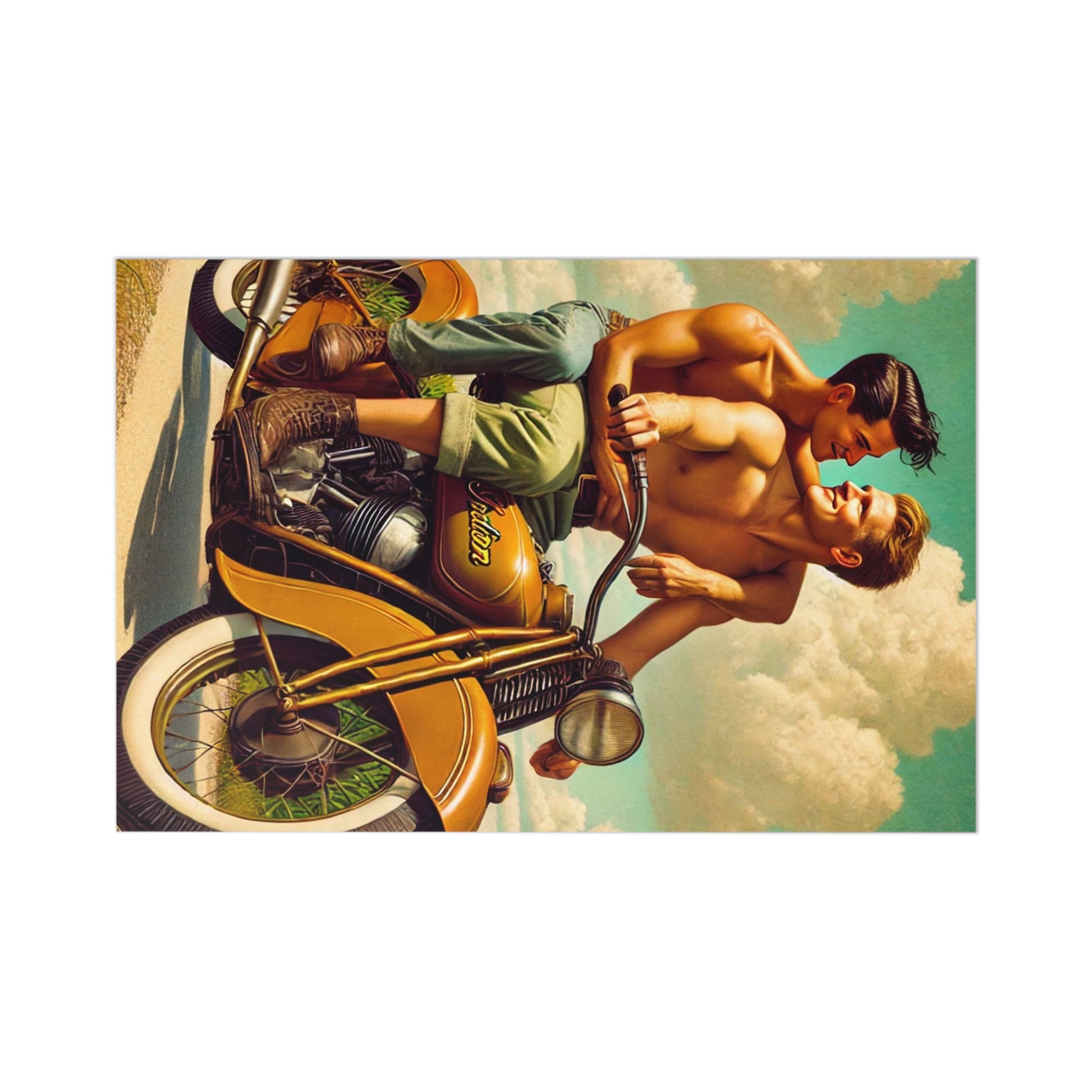 Postcard set featuring two men on a vintage motorcycle, inspired by Grant Wood's art, celebrating love and connection.