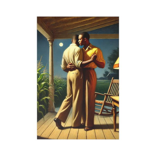 Heartwarming artwork of an African-American gay couple on a moonlit farmhouse porch, celebrating love and nostalgia.