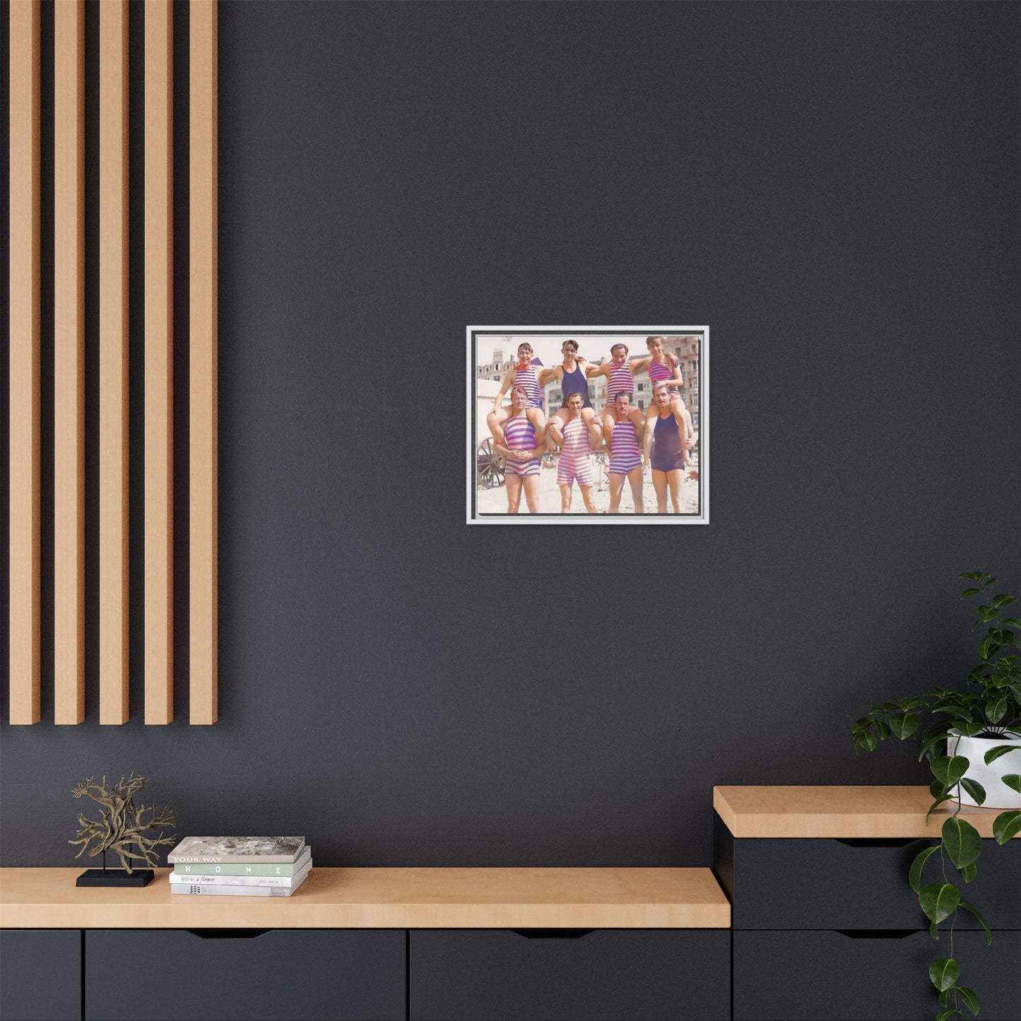 Restored vintage photo of a Bachelor Party in Corpus Christi TX, featuring men in striped swimwear forming human towers, framed canvas art.