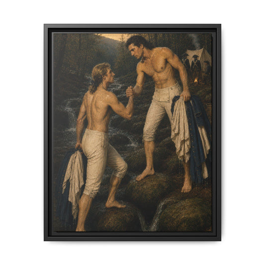 Museum-inspired portrait of two Continental Army soldiers crossing a woodland stream while carrying freshly washed uniforms during the Revolutionary War.