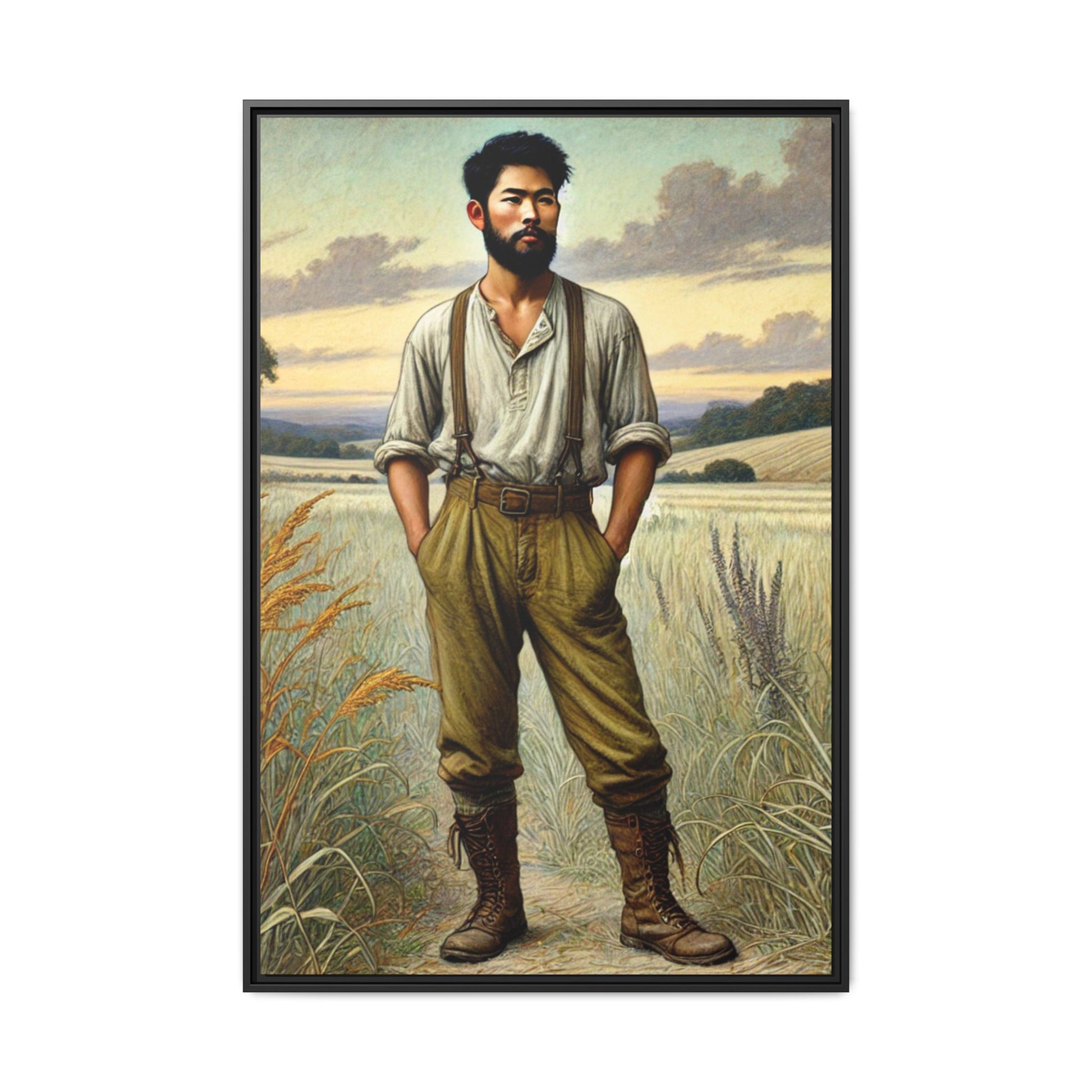 Framed artwork of an Asian-American farmer in 19th-century attire, inspired by Walt Whitman’s Leaves of Grass and Song of Myself, set against a serene rural backdrop of golden wheat fields and rolling hills.