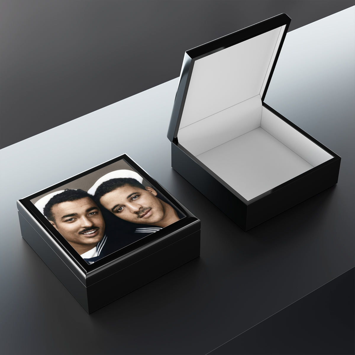  planned open-box view: Open rubberwood keepsake box with felt-lined interior and lid artwork depicting two Black sailors posed closely together in a photobooth.