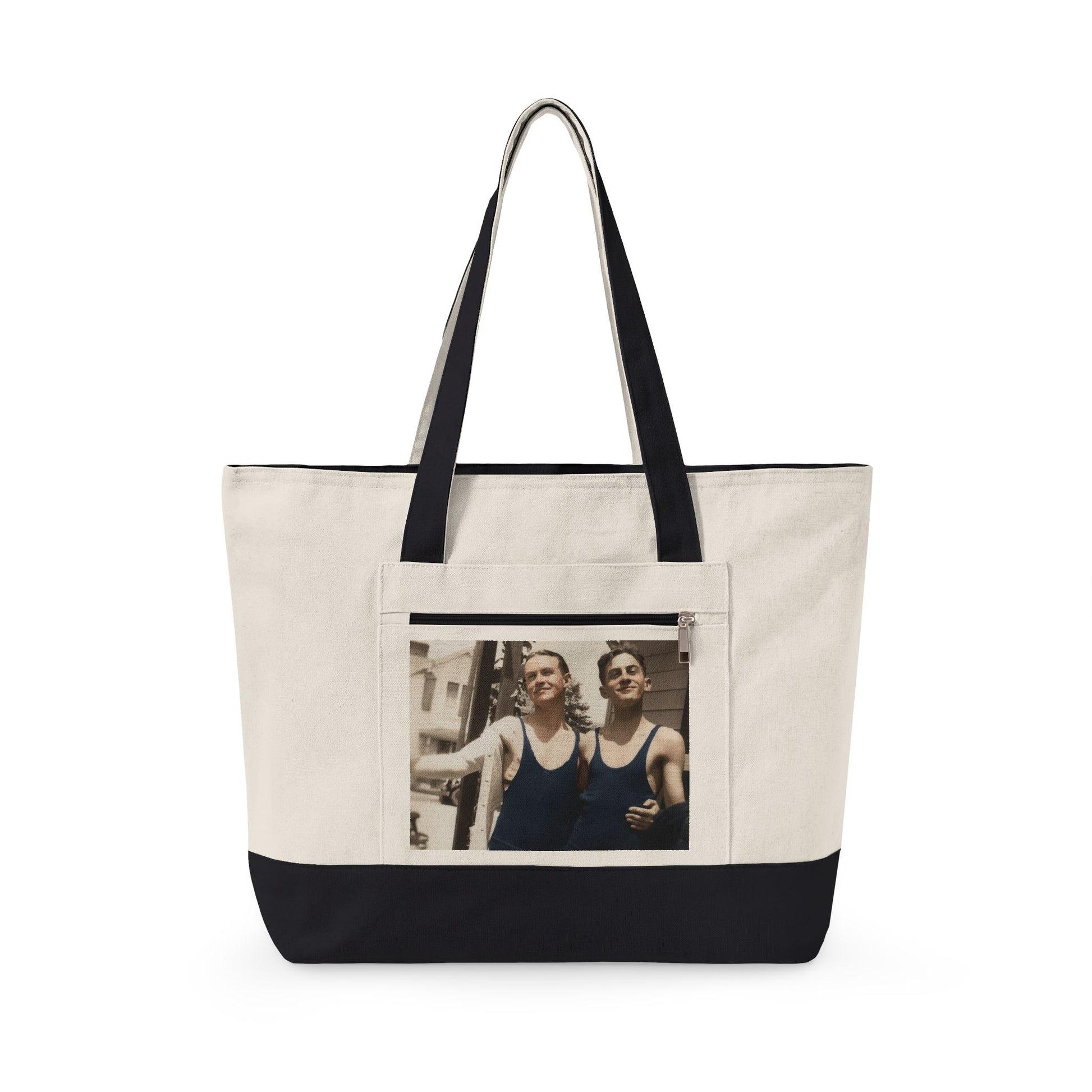 Two men in vintage swimwear canvas tote design 