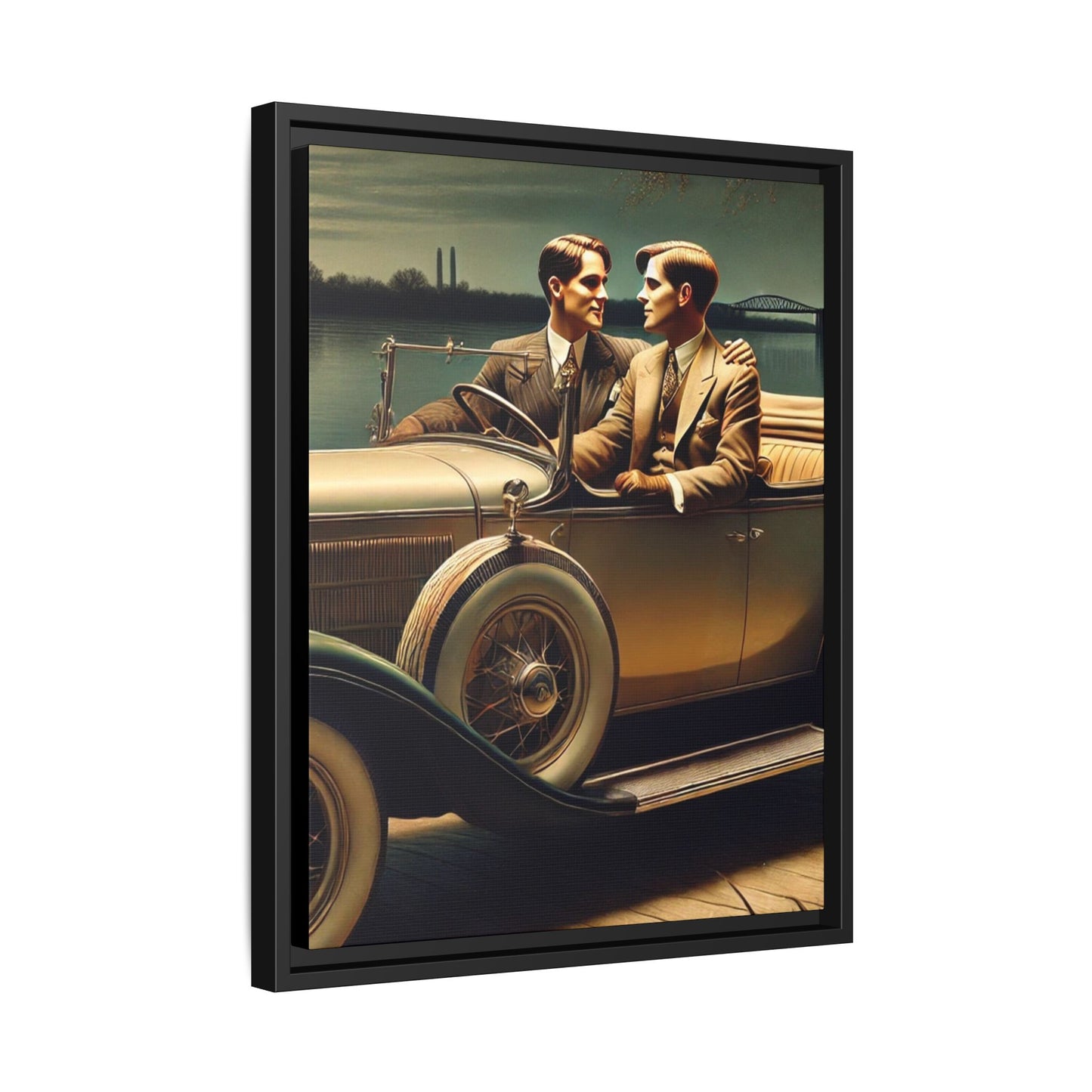 Vintage-style artwork of a gay couple in a 1930 Packard car by the Mississippi River under moonlight, celebrating love and history.