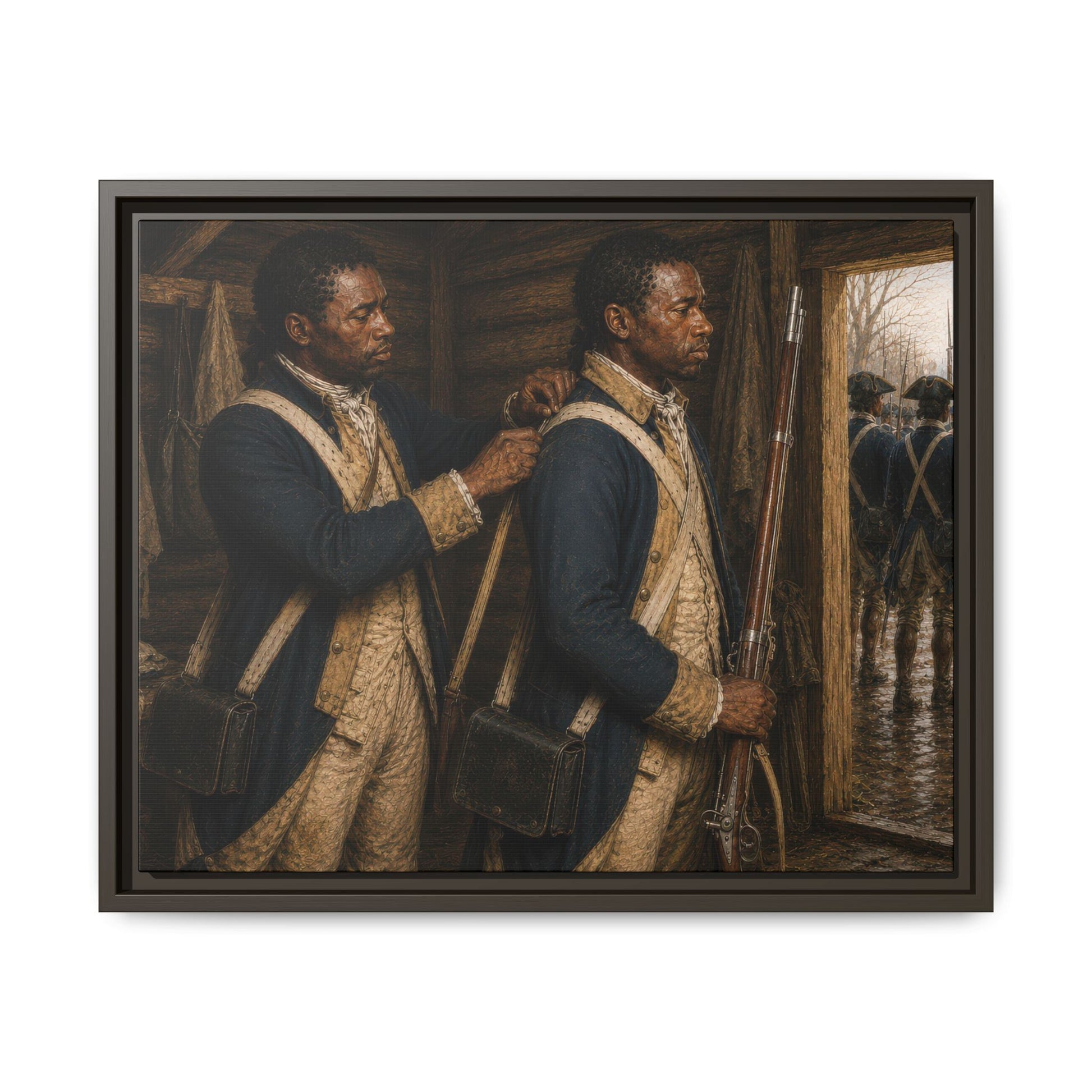 Two Black Continental Army soldiers adjusting military equipment before inspection in a Revolutionary War cabin, historical oil portrait.