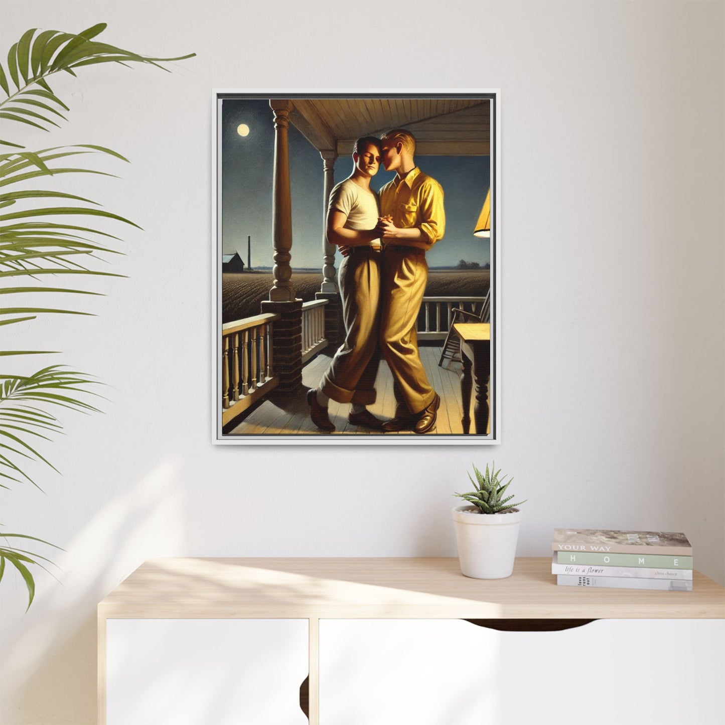 Artwork of a gay couple standing on a farmhouse porch under the moonlight, inspired by Grant Wood’s style.