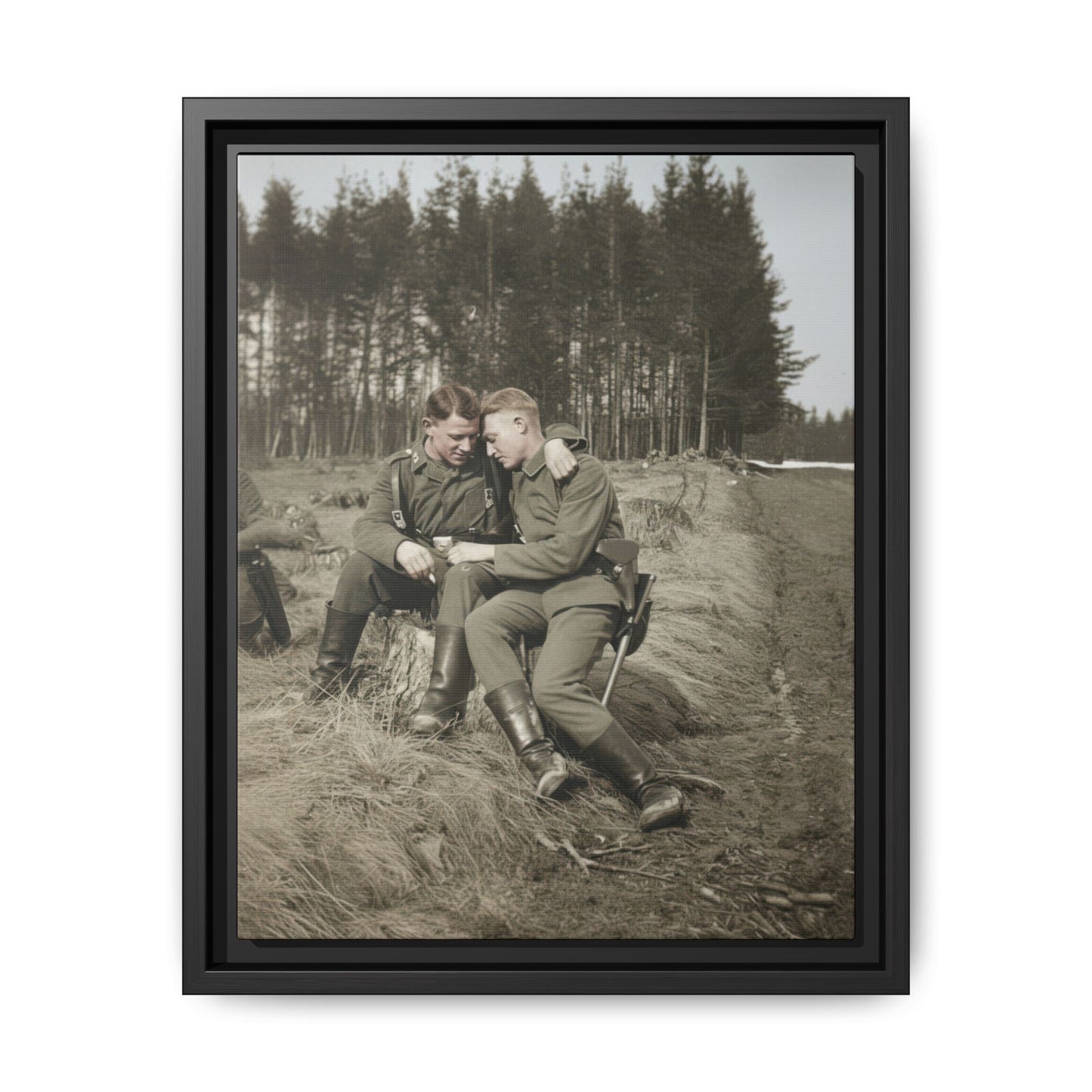 Early twentieth century outdoor photograph of two uniformed men seated beside a rural roadside